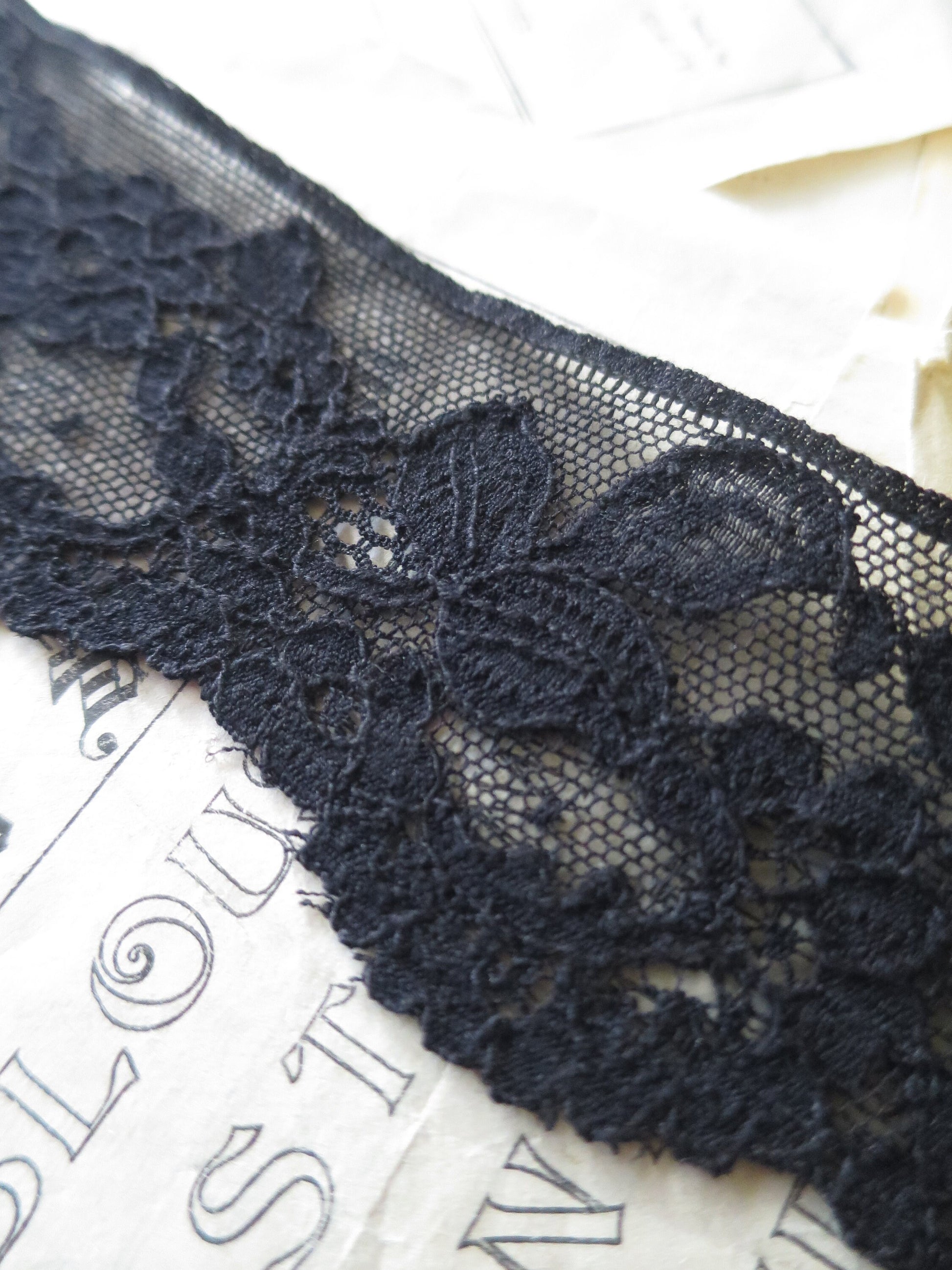 Black English Nottingham Lace- Chantilly Swags & Flowers 5.5 cm