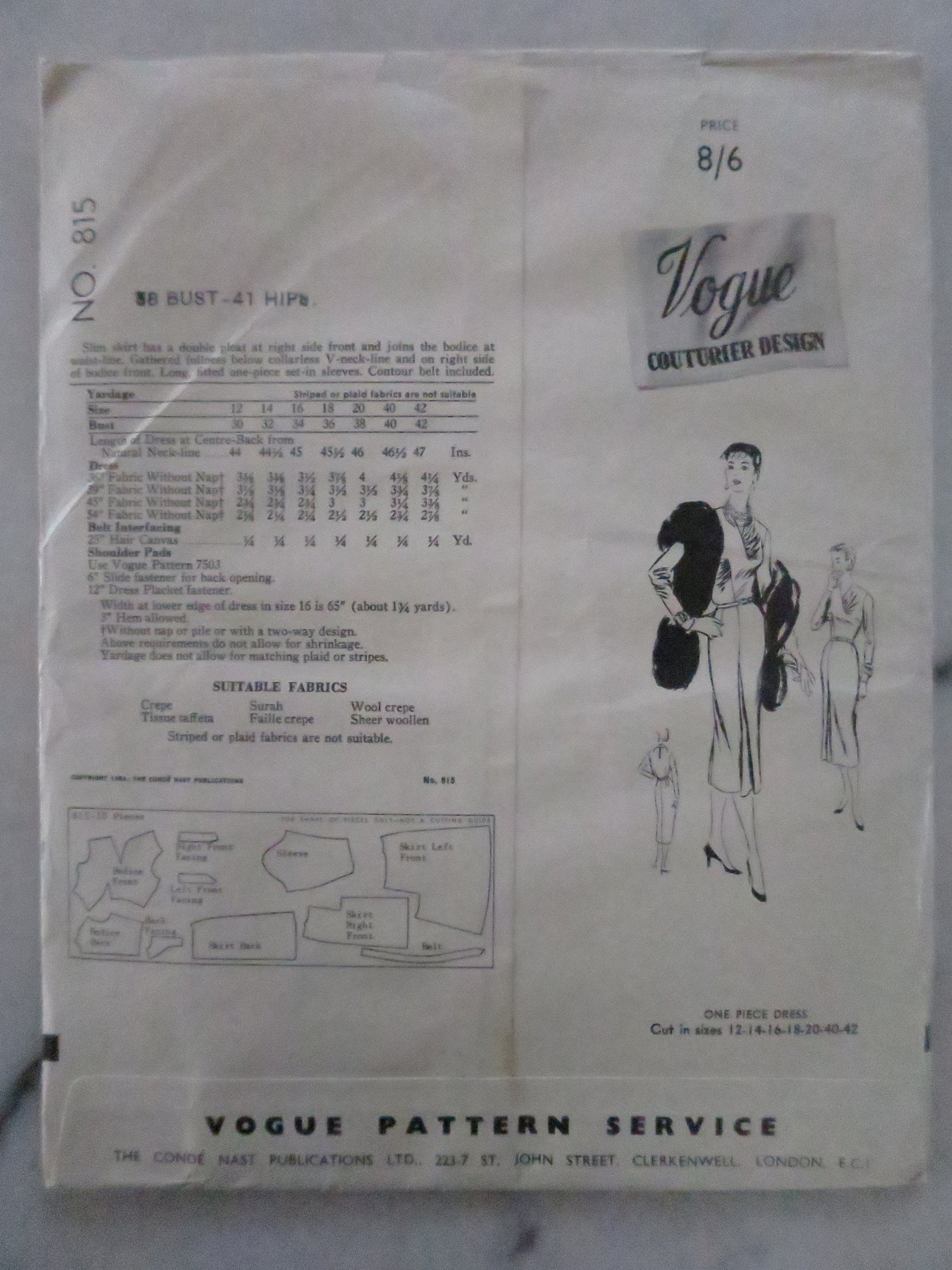 Uncut Vintage 1954 Vogue Couturier Design Pattern 815- Wiggle Dress- Size 20 Bust 38