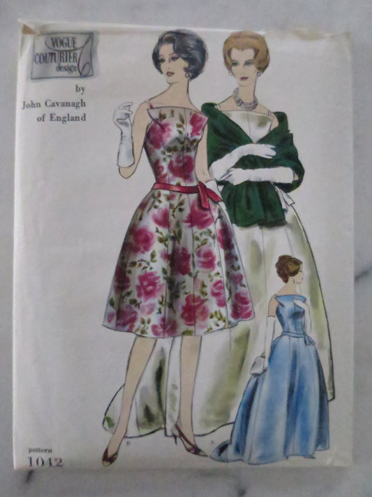 Uncut Vintage 1960's Vogue Couturier Design Pattern 1042- John Cavanagh One Piece Dress & Stole- Size 16 Bust 36