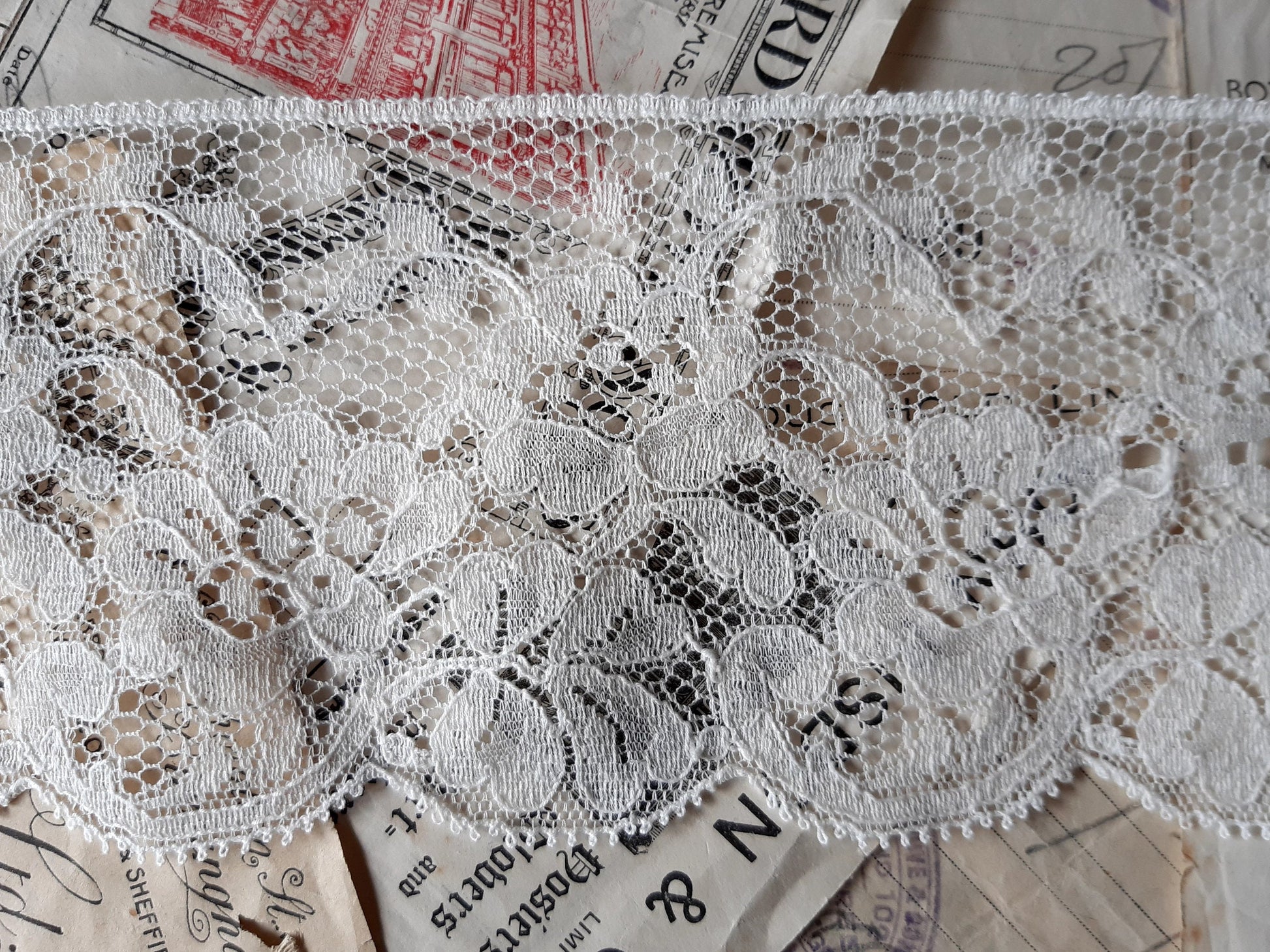 Ecru English Nottingham Lace- Fine Floral Guipure- 9.8 cm