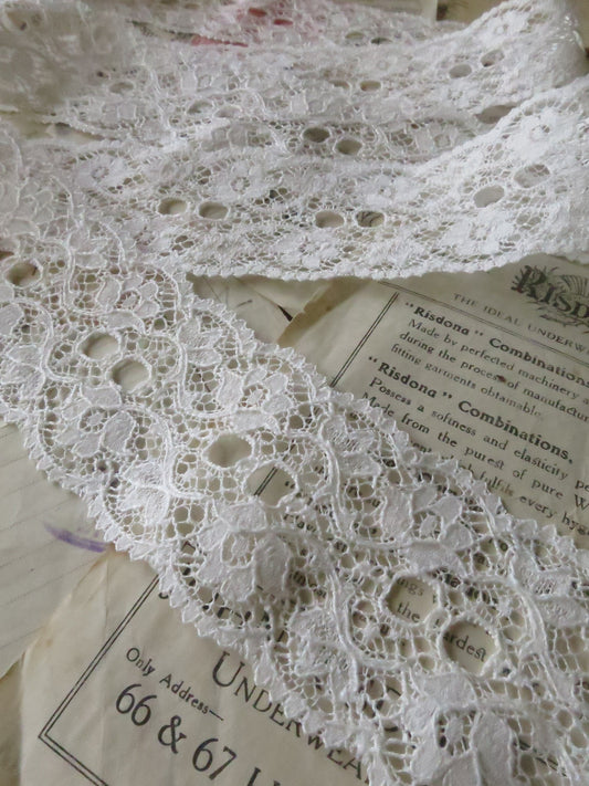Off White English Nottingham Lace- Scalloped Raised Floral Double Eyelet- Galloon- 5.5 cm