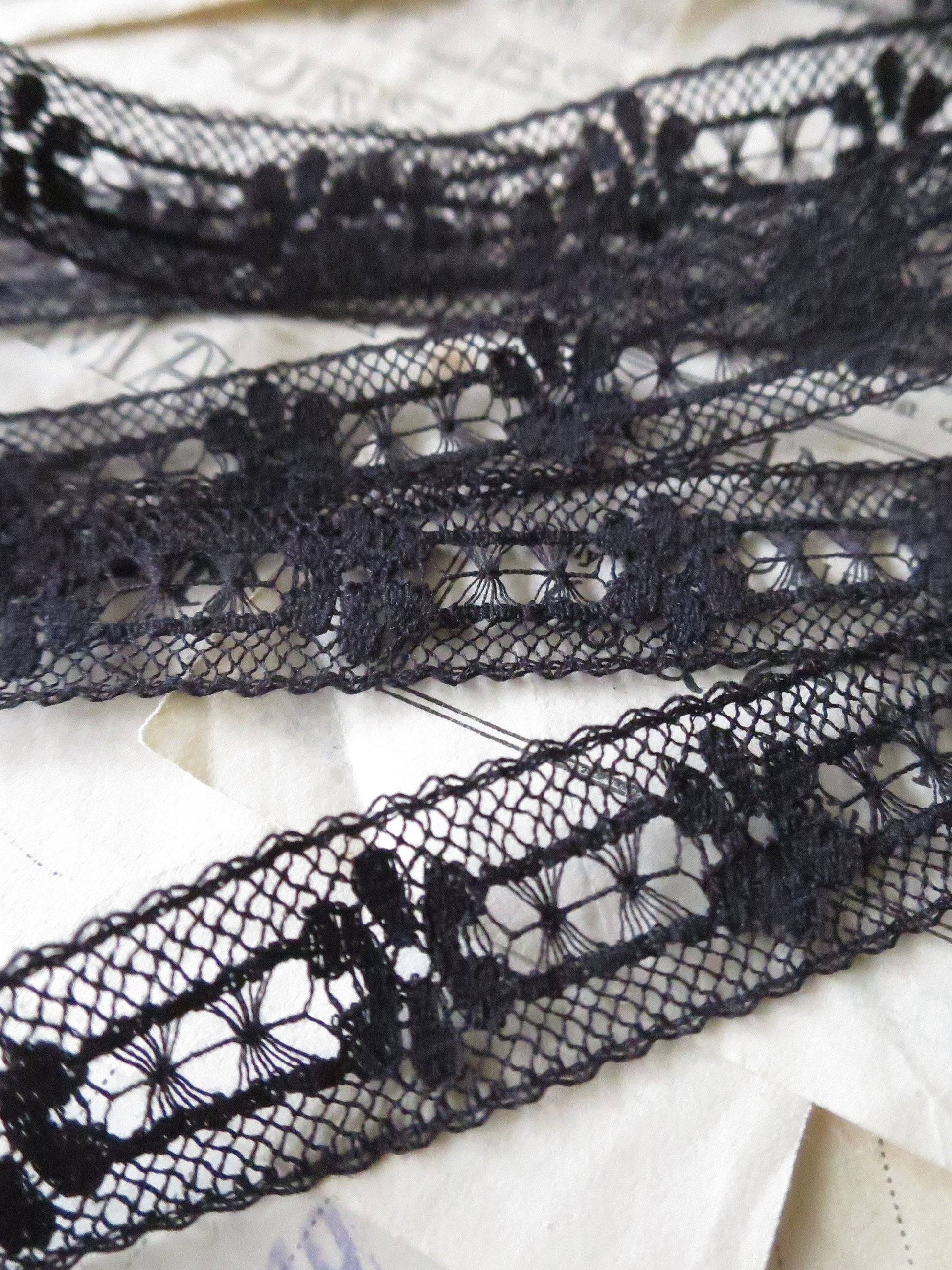 Black English Nottingham Lace- Floral & Openwork Insertion Lace 1.7 cm