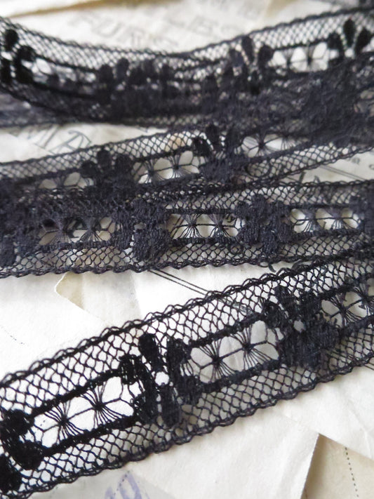 Black English Nottingham Lace- Floral & Openwork Insertion Lace 1.7 cm