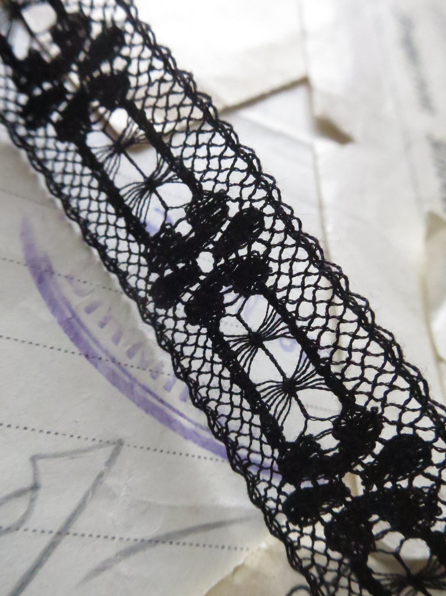 Black English Nottingham Lace- Floral & Openwork Insertion Lace 1.7 cm