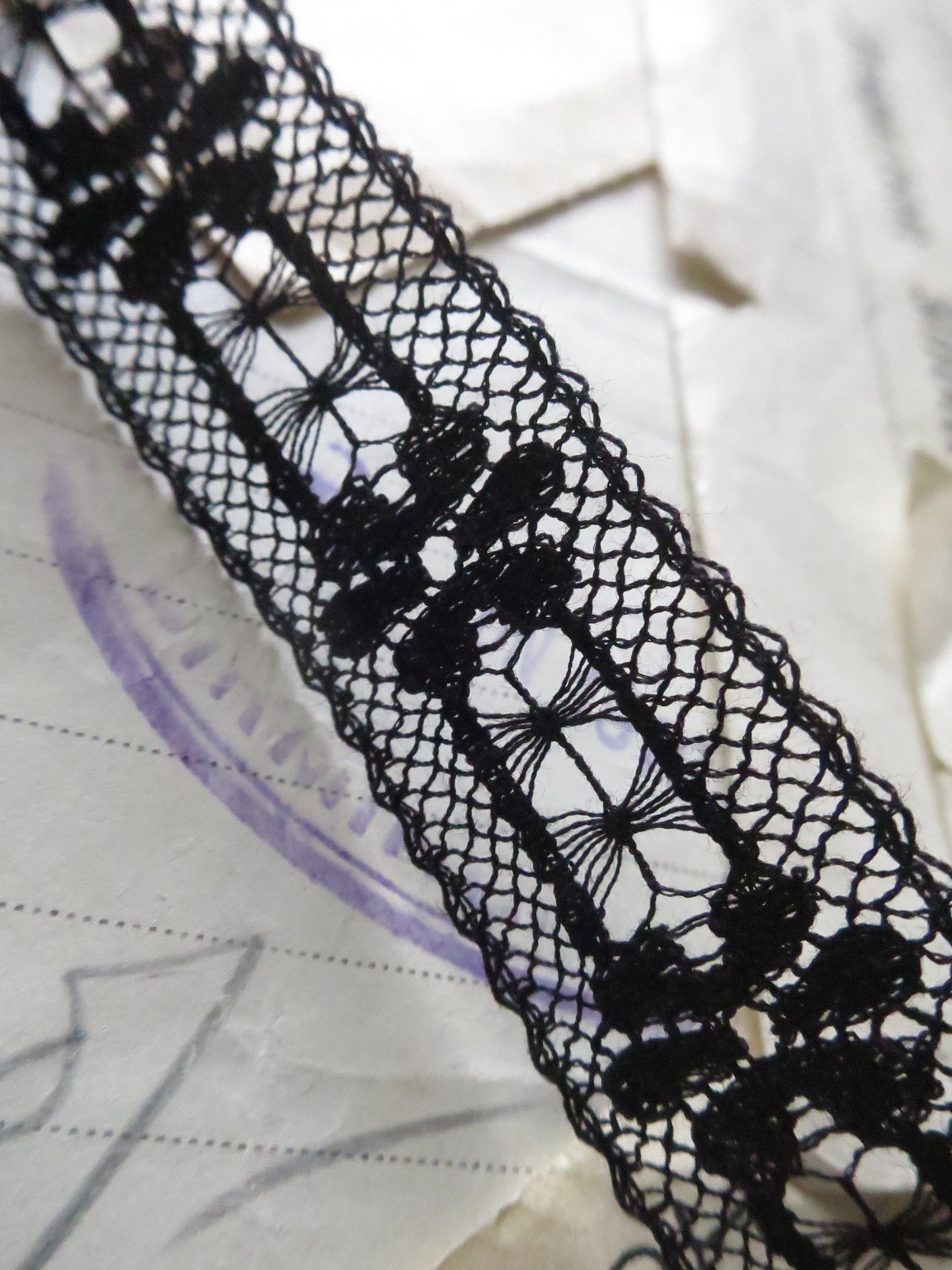 Black English Nottingham Lace- Floral & Openwork Insertion Lace 1.7 cm