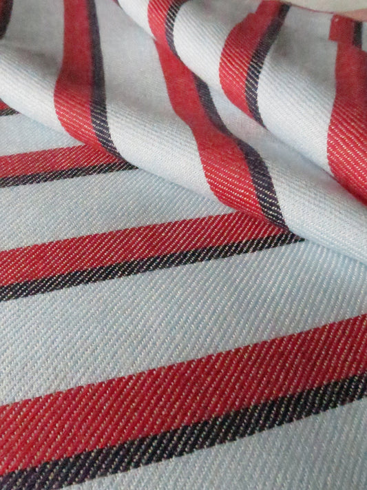 Lightweight Scottish Worsted Wool Fabric- Pale Sky Blue & Red with Navy Stripe Twill Weave- 465 cm/ 183 Inches Length