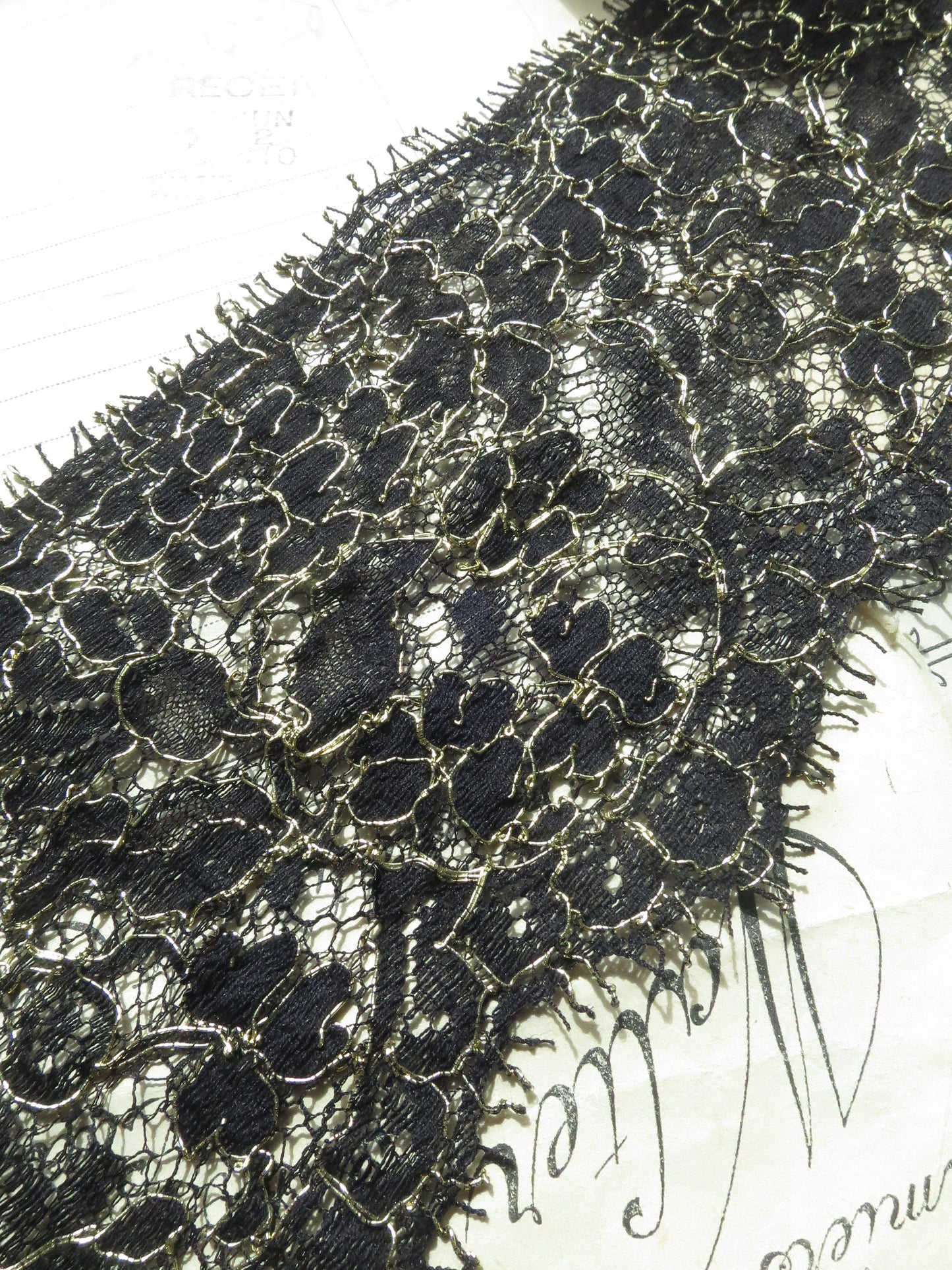 Black & Gold English Nottingham Lace- Floral Swags Eyelash- 8 cm