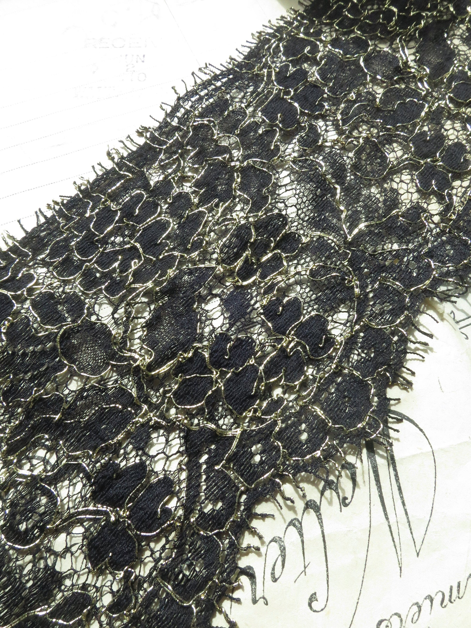 Black & Gold English Nottingham Lace- Floral Swags Eyelash- 8 cm