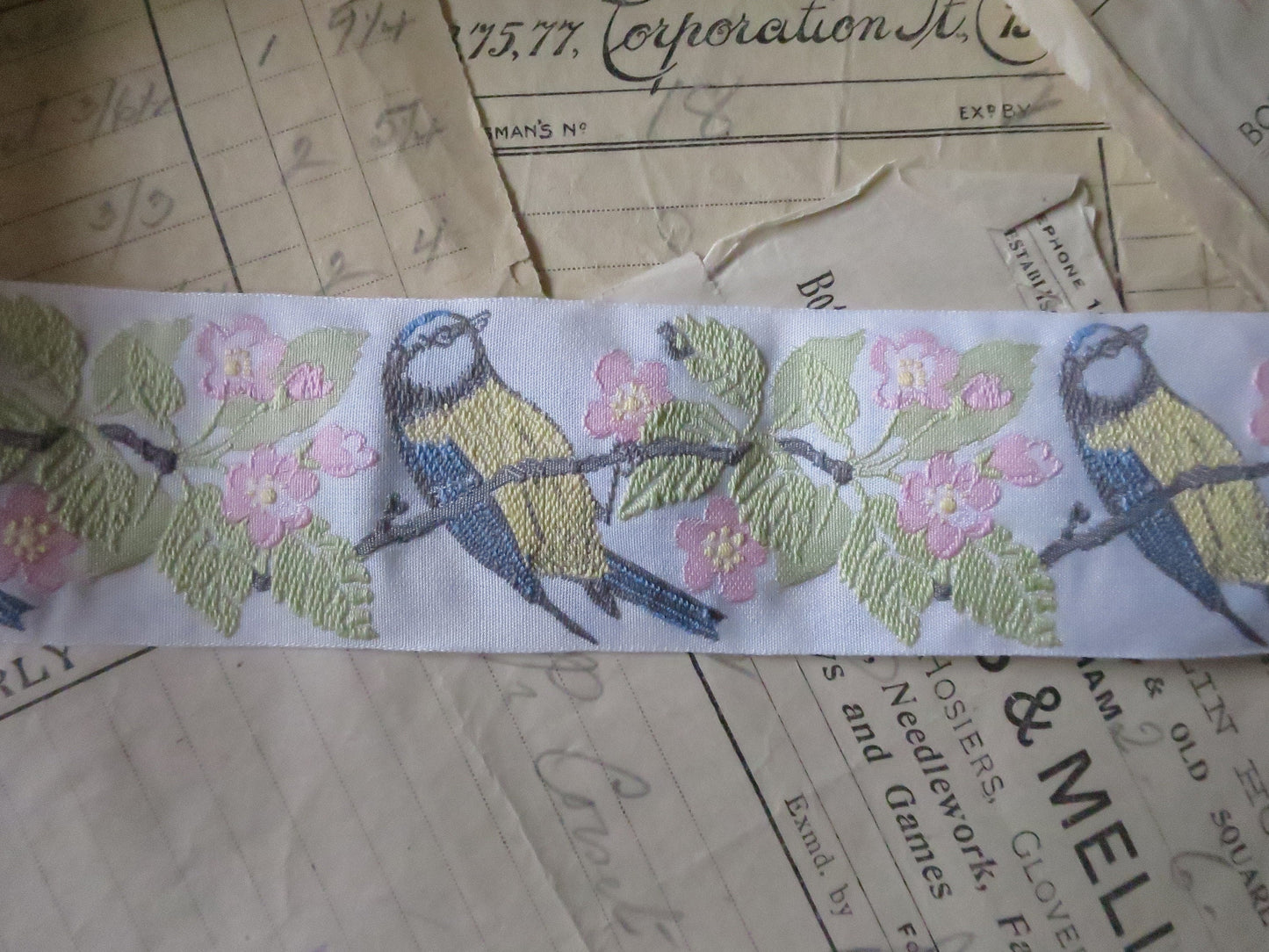 Blue Tits & Blossom 40 mm Jacquard Woven Ribbon- White