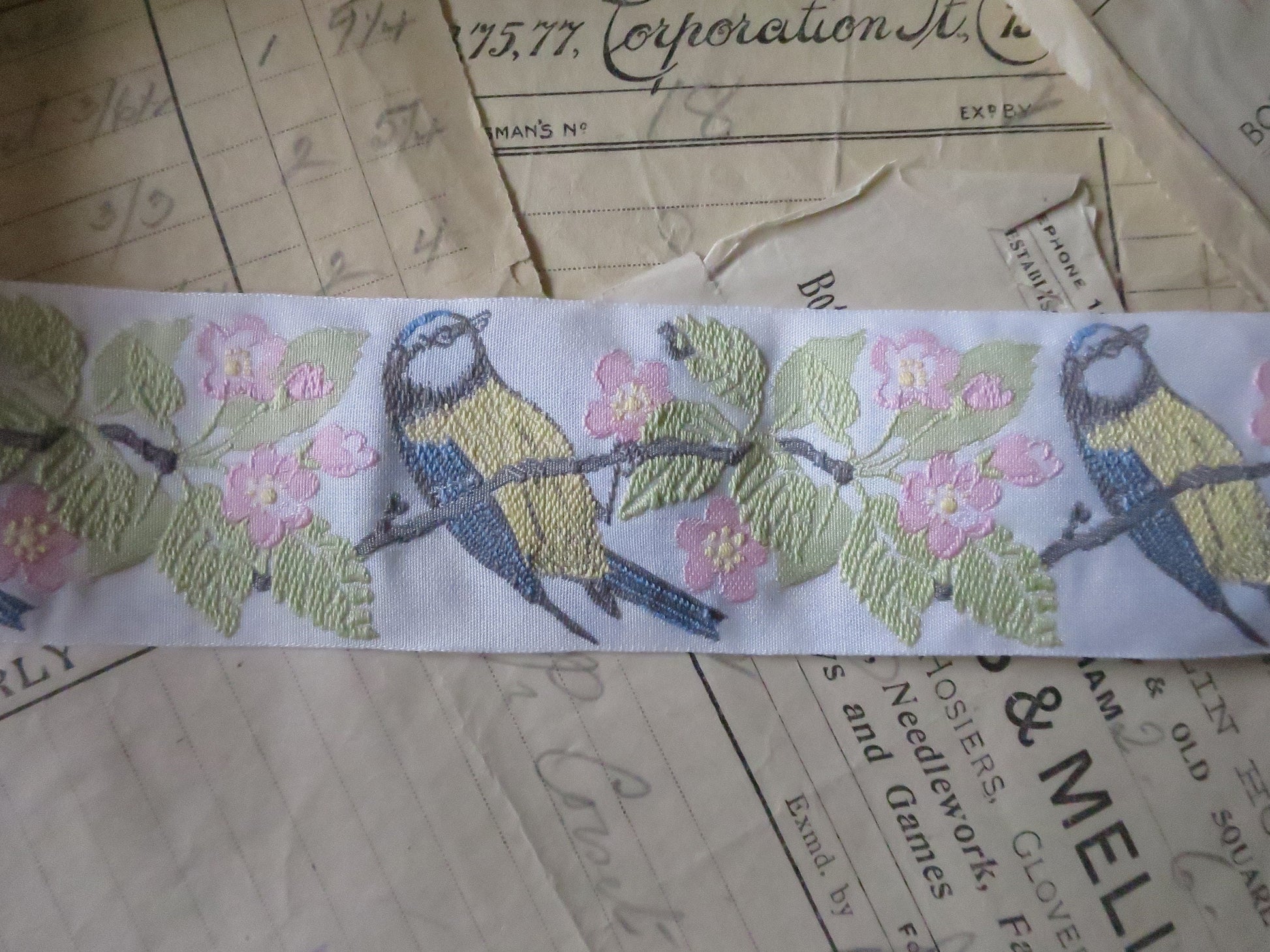 Blue Tits & Blossom 40 mm Jacquard Woven Ribbon- White