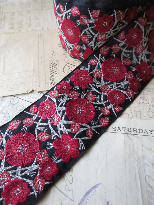 Japanese Flowers 60 mm Jacquard Woven Ribbon- Red & Black