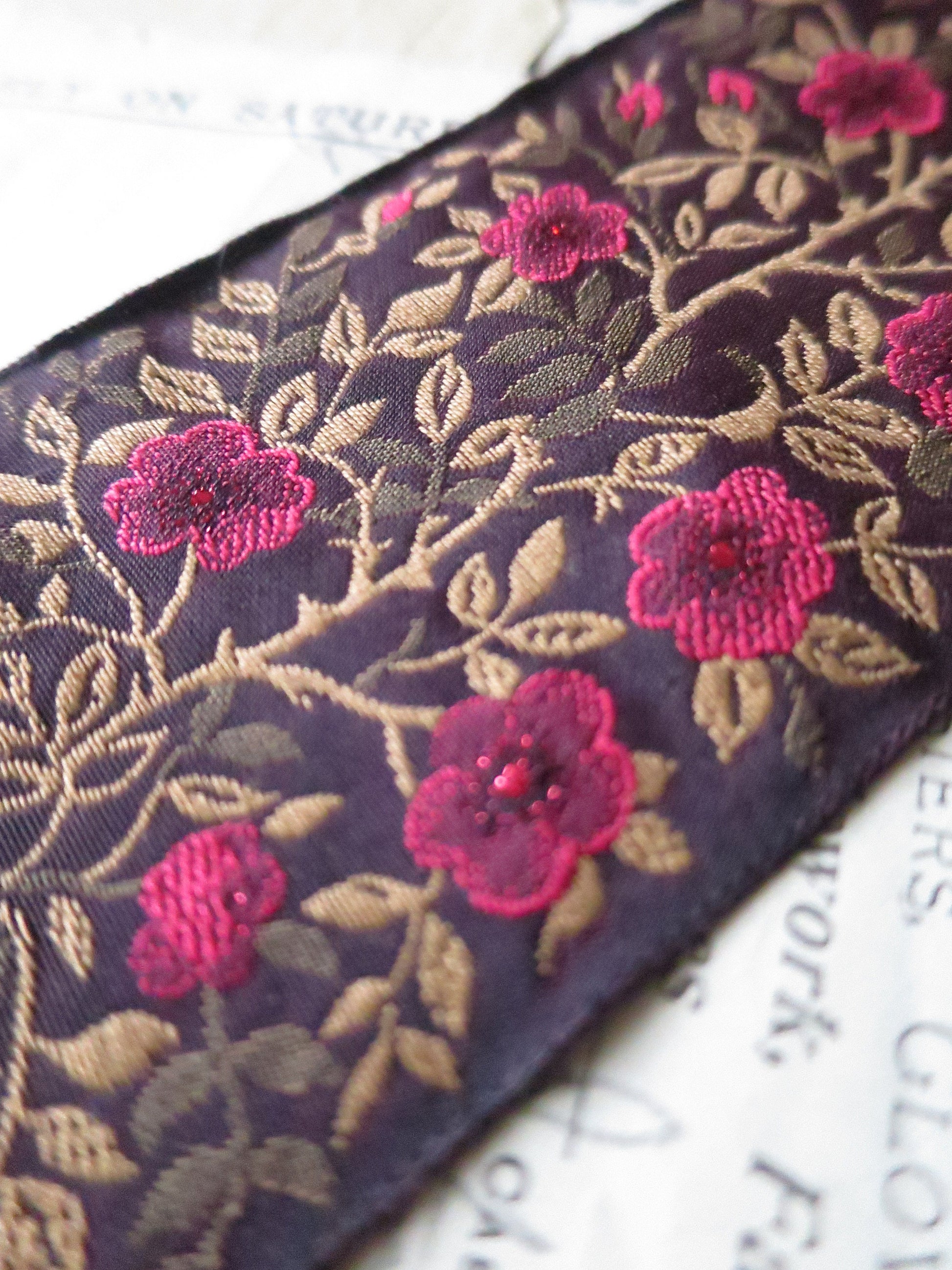 Jacobean Roses 60 mm Jacquard Woven Ribbon= Sparkly Red Roses