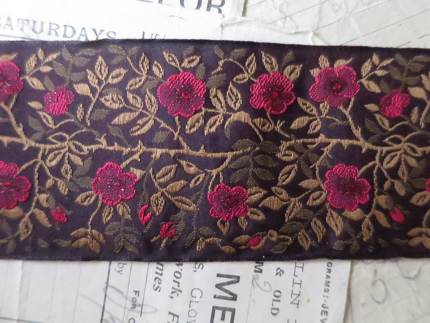Jacobean Roses 60 mm Jacquard Woven Ribbon= Sparkly Red Roses