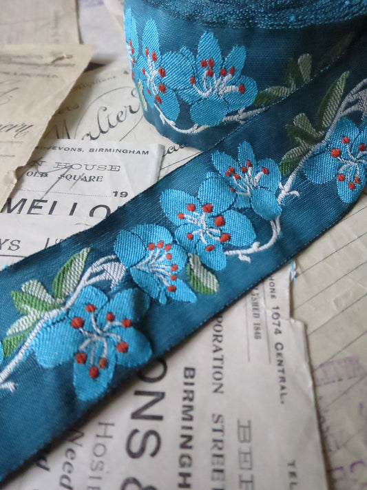 Blossom 40 mm Jacquard Woven Ribbon- Turquoise