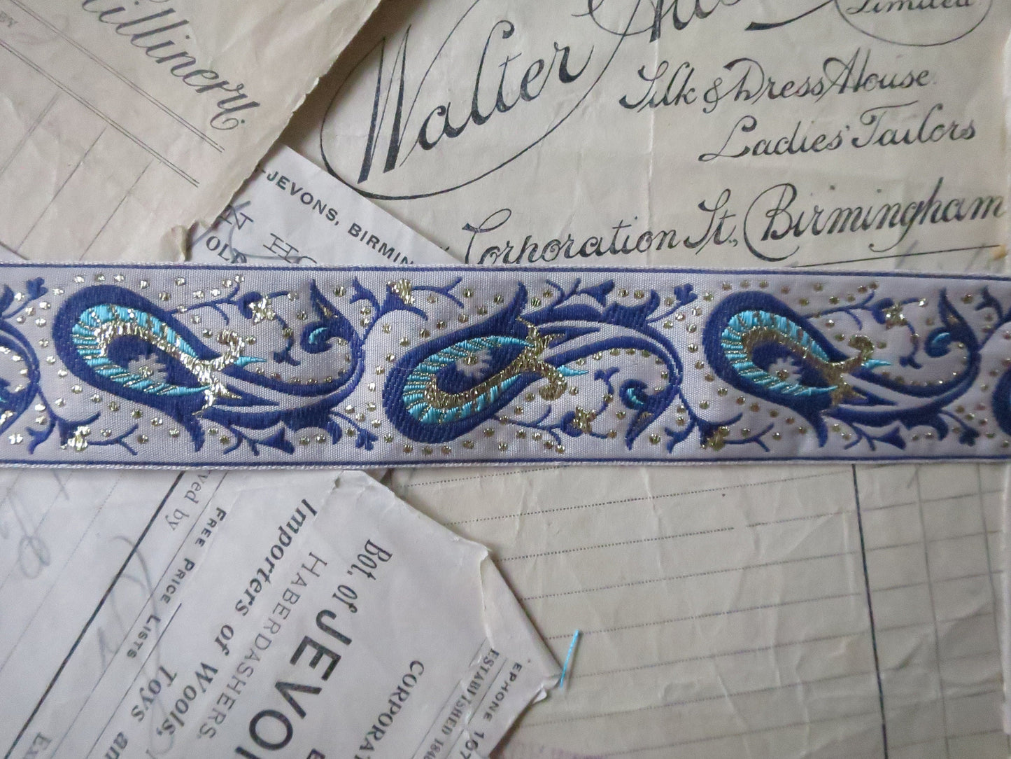 Remnants Paisley 32 mm Jacquard Woven Ribbon- Blue & Gold