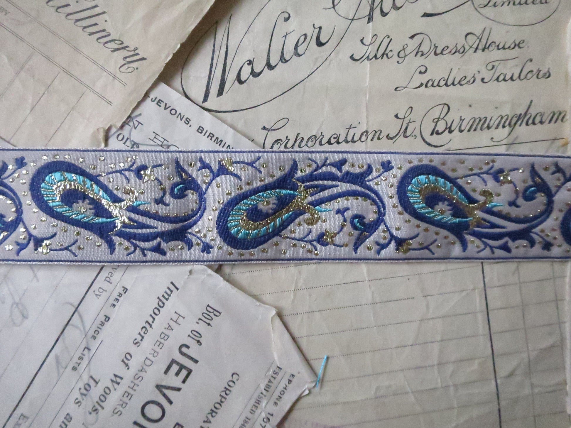 Remnants Paisley 32 mm Jacquard Woven Ribbon- Blue & Gold