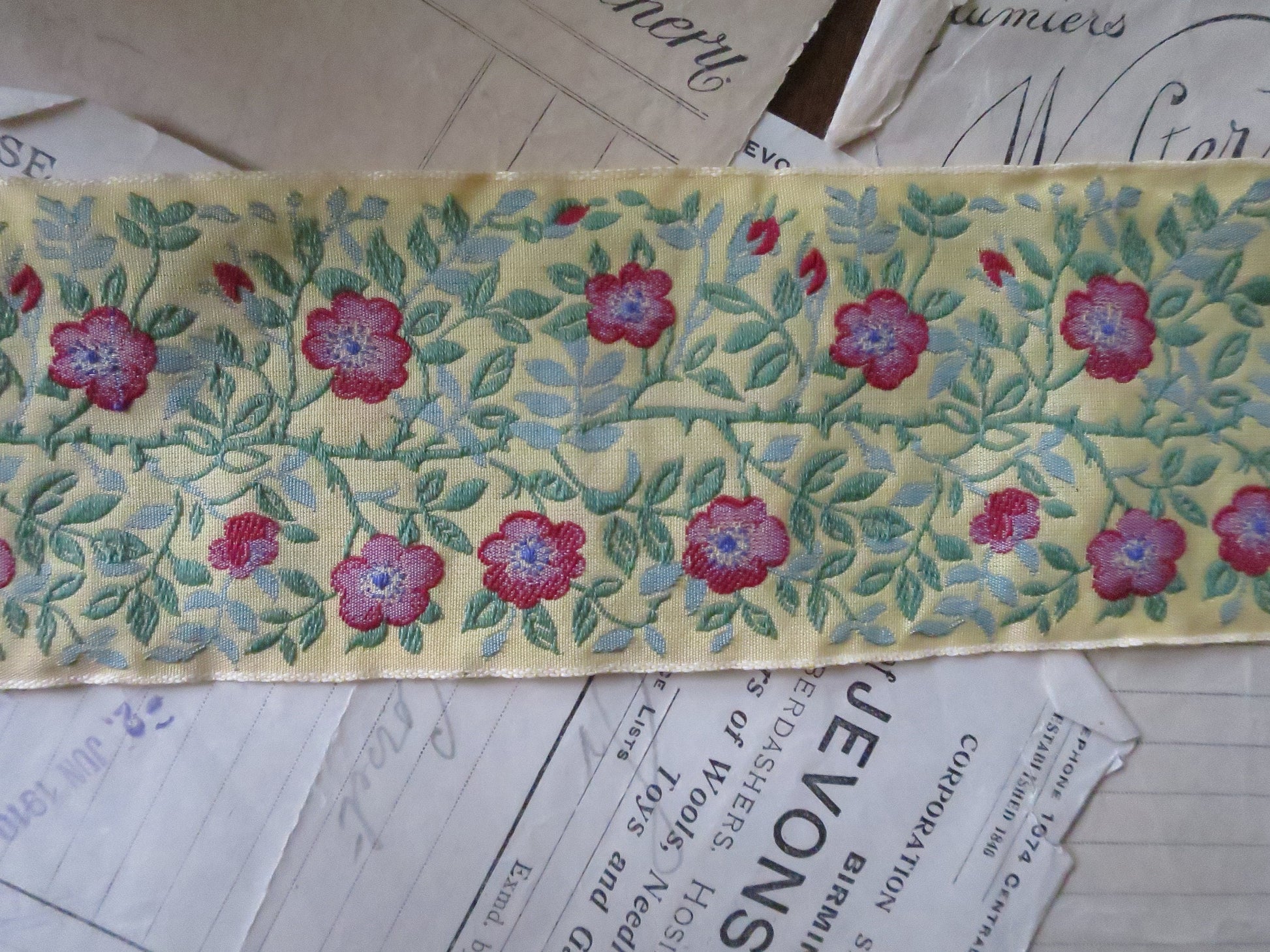 Jacobean Roses 60 mm Jacquard Woven Ribbon- Yellow & Red