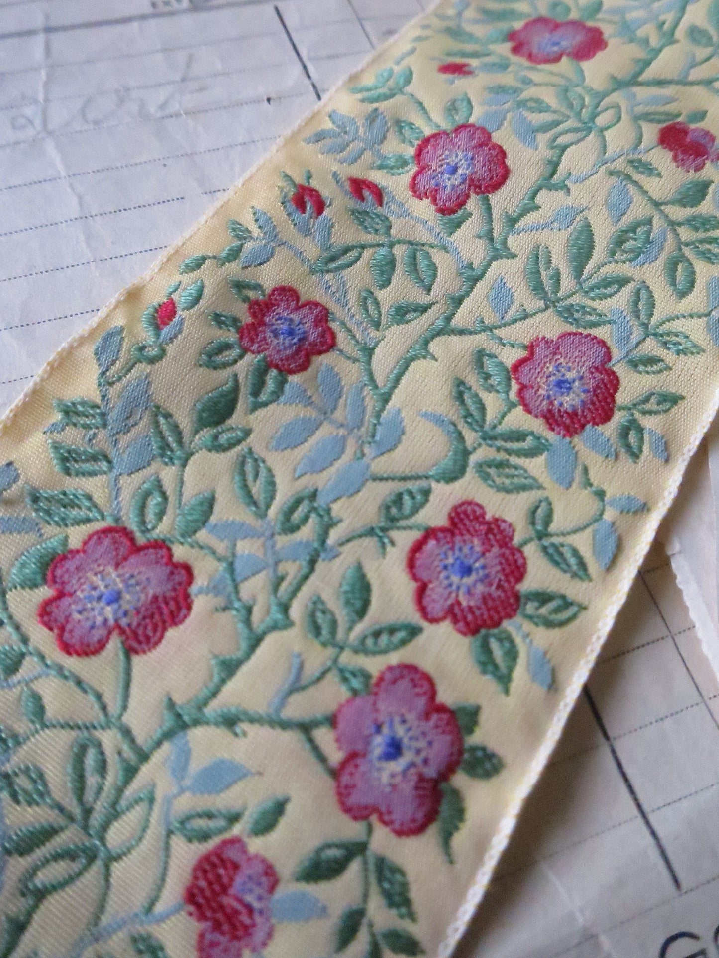 Jacobean Roses 60 mm Jacquard Woven Ribbon- Yellow & Red