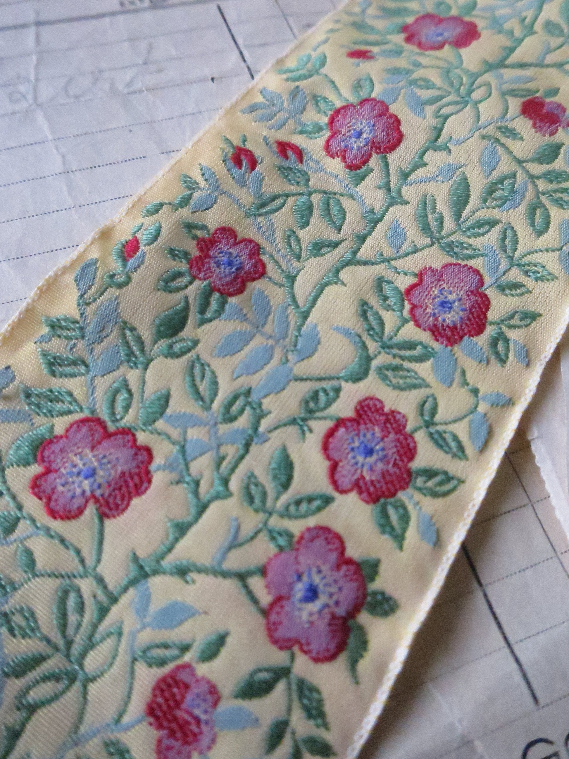 Jacobean Roses 60 mm Jacquard Woven Ribbon- Yellow & Red