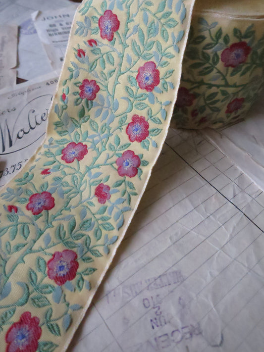 Jacobean Roses 60 mm Jacquard Woven Ribbon- Yellow & Red