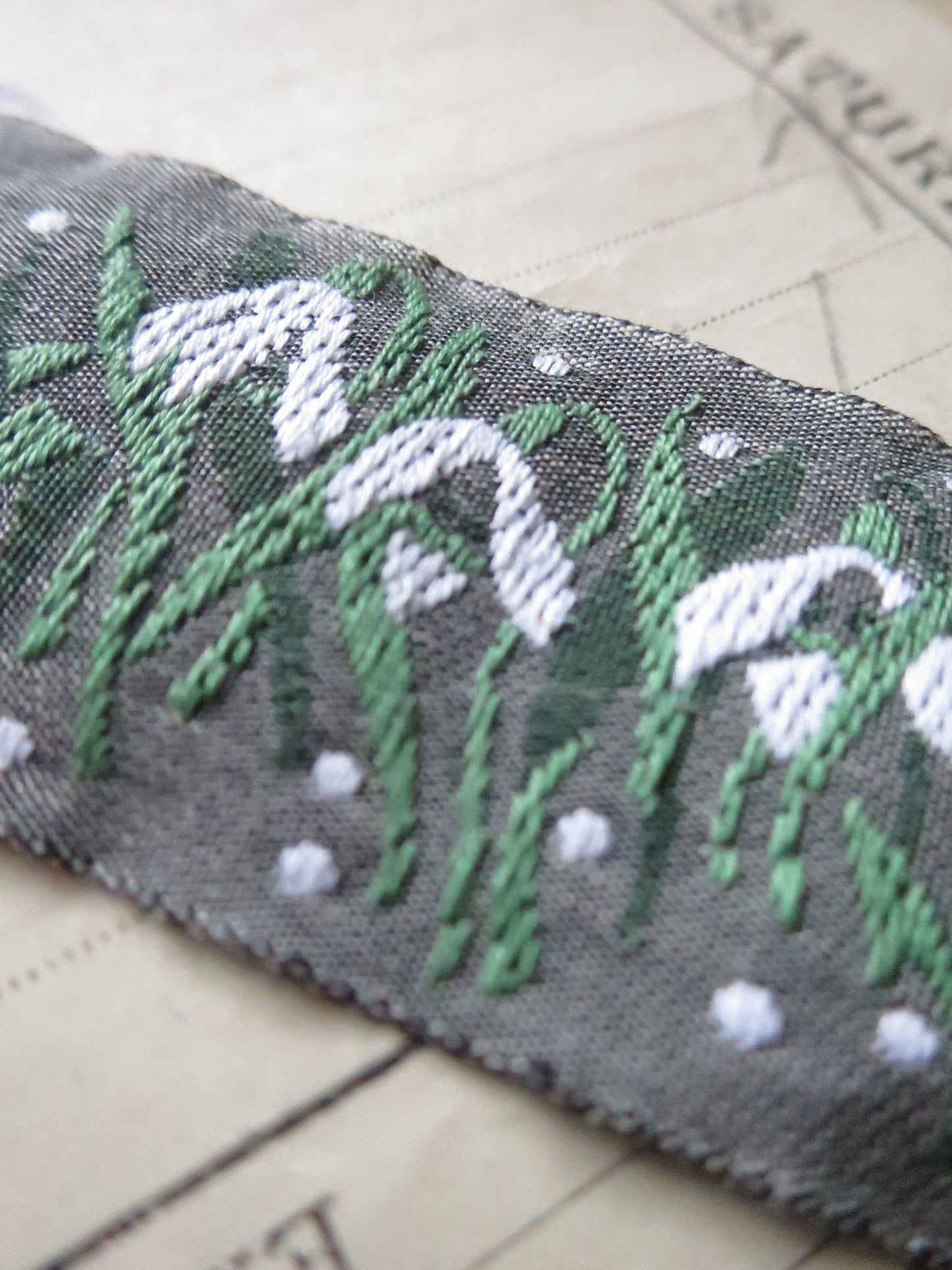 Snowdrops 32 mm Jacquard Woven Ribbon- Grey