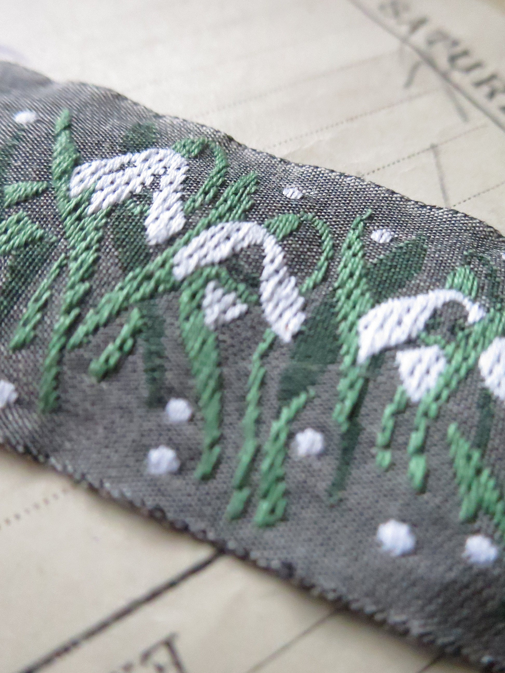 Snowdrops 32 mm Jacquard Woven Ribbon- Grey