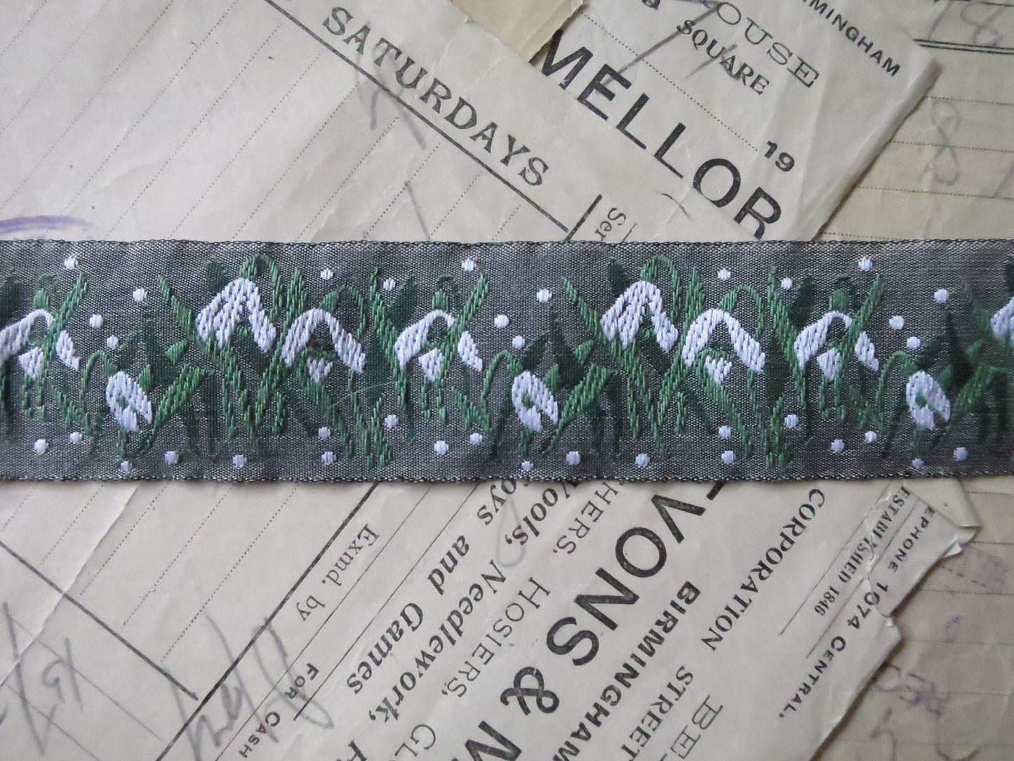 Snowdrops 32 mm Jacquard Woven Ribbon- Grey