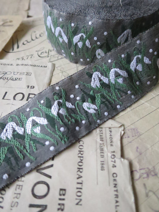 Snowdrops 32 mm Jacquard Woven Ribbon- Grey