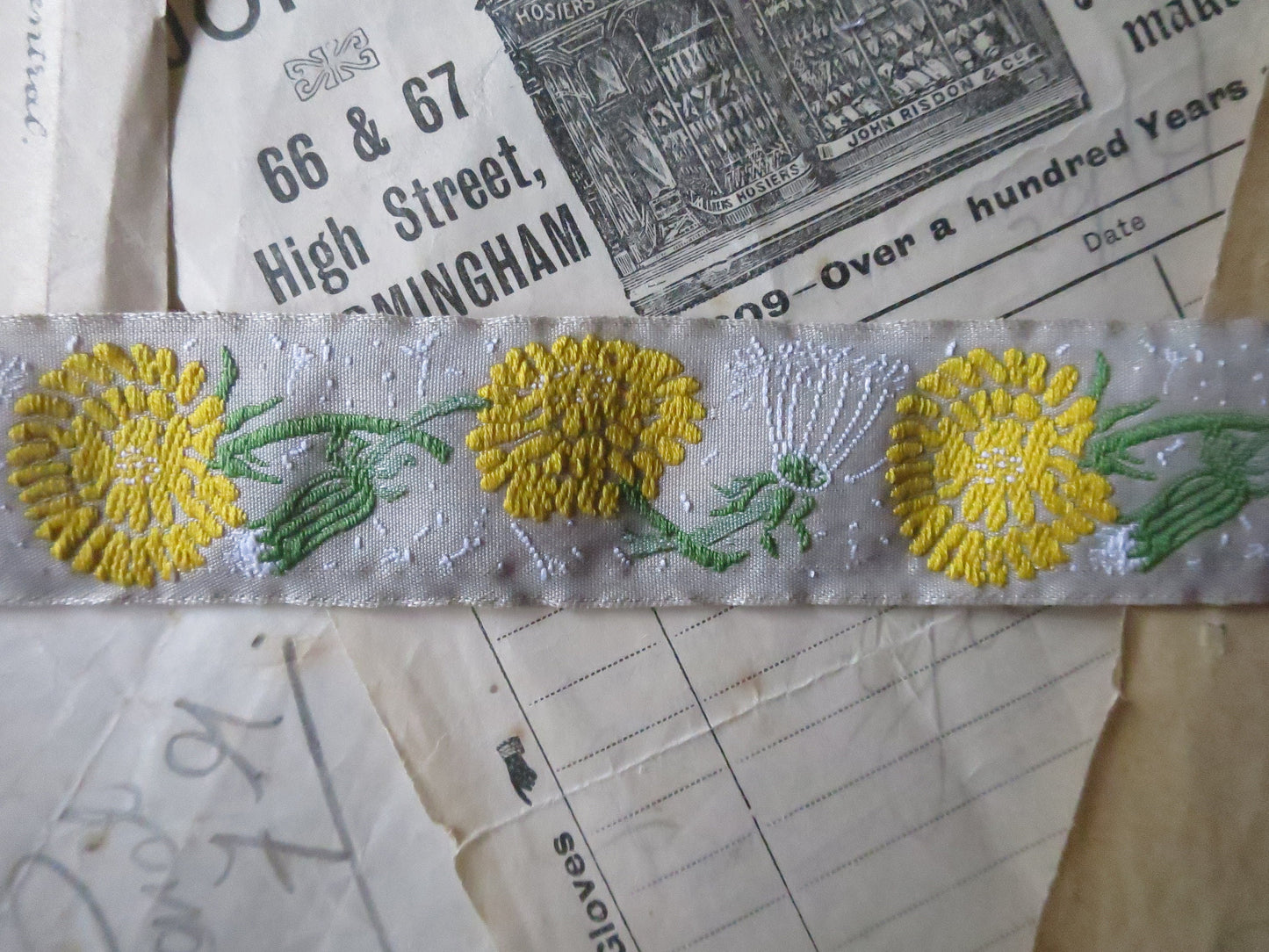 Dandelion Flowers 25 mm Jacquard Woven Ribbon- Grey