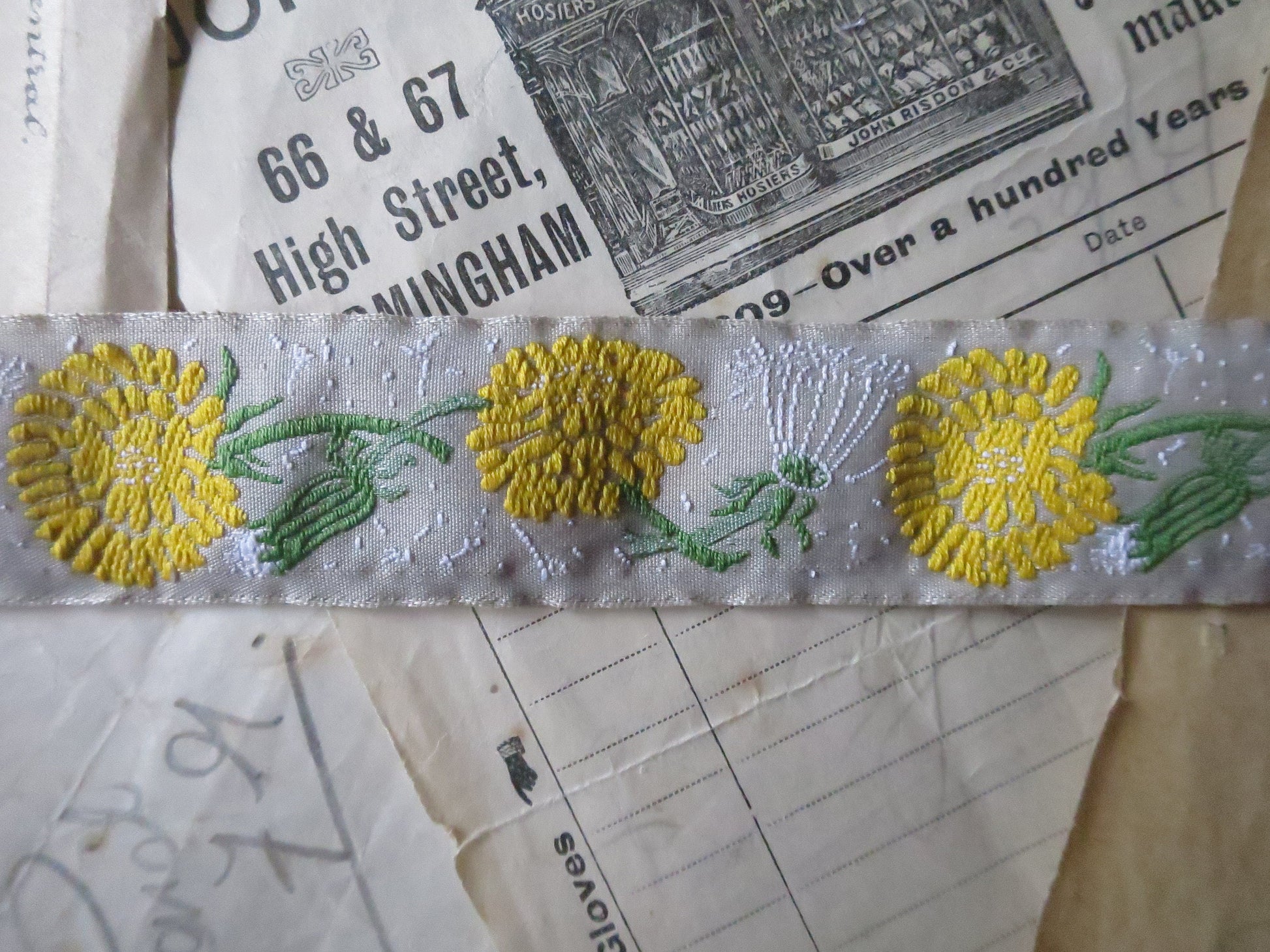 Dandelion Flowers 25 mm Jacquard Woven Ribbon- Grey