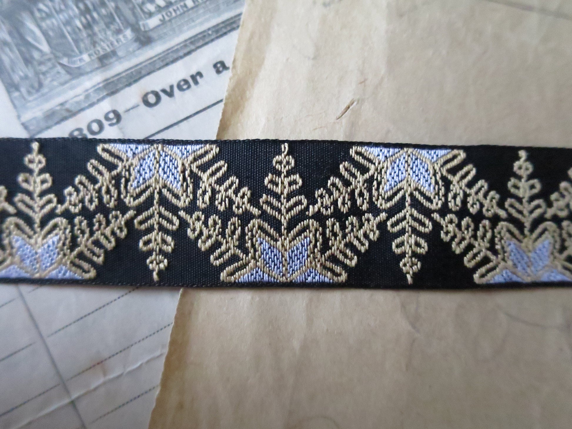 Snowflakes 20 mm Jacquard Woven Ribbon- Black, Gold & Silver