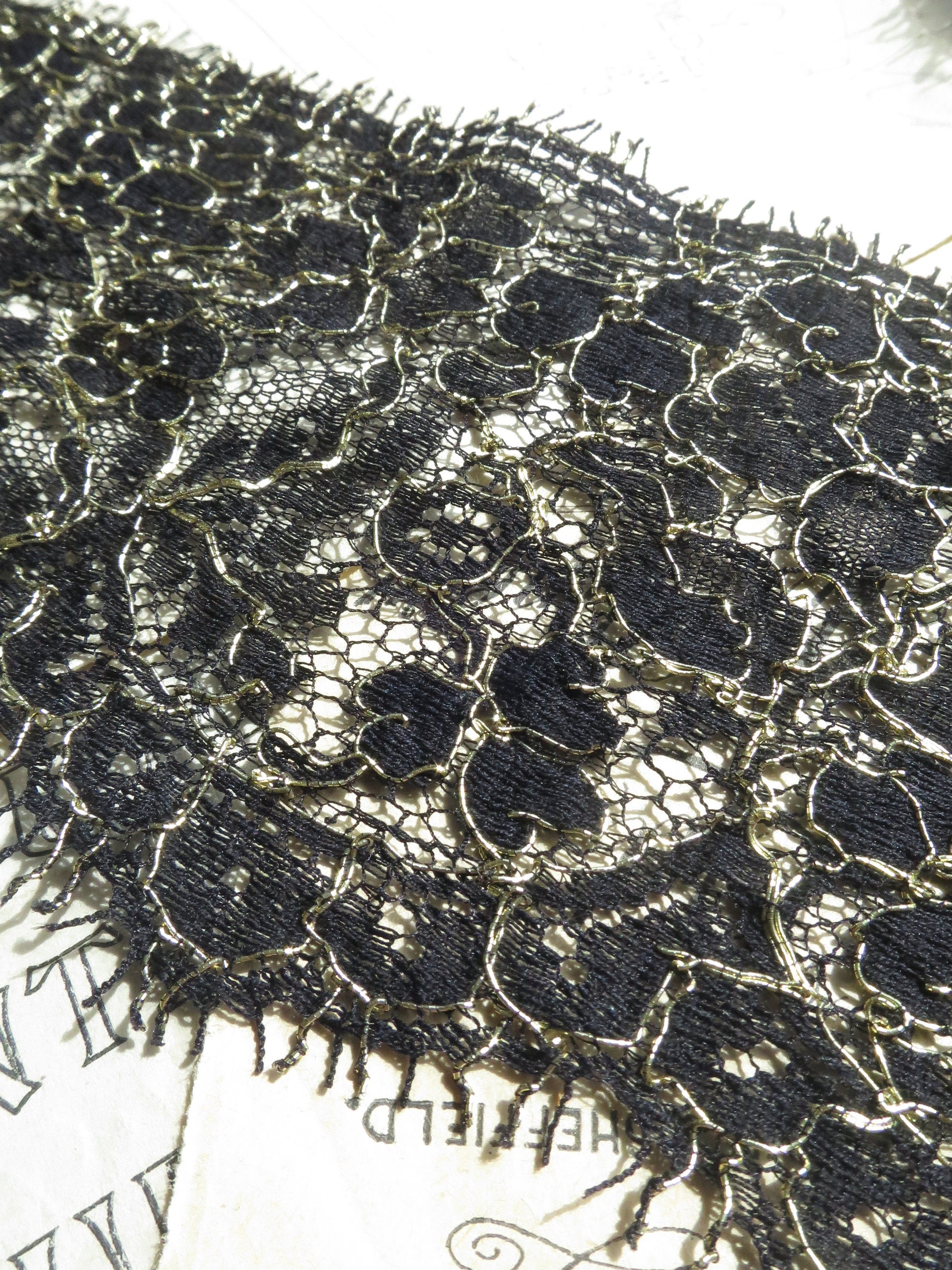 Black & Gold English Nottingham Lace- Floral Swags Eyelash- 8 cm