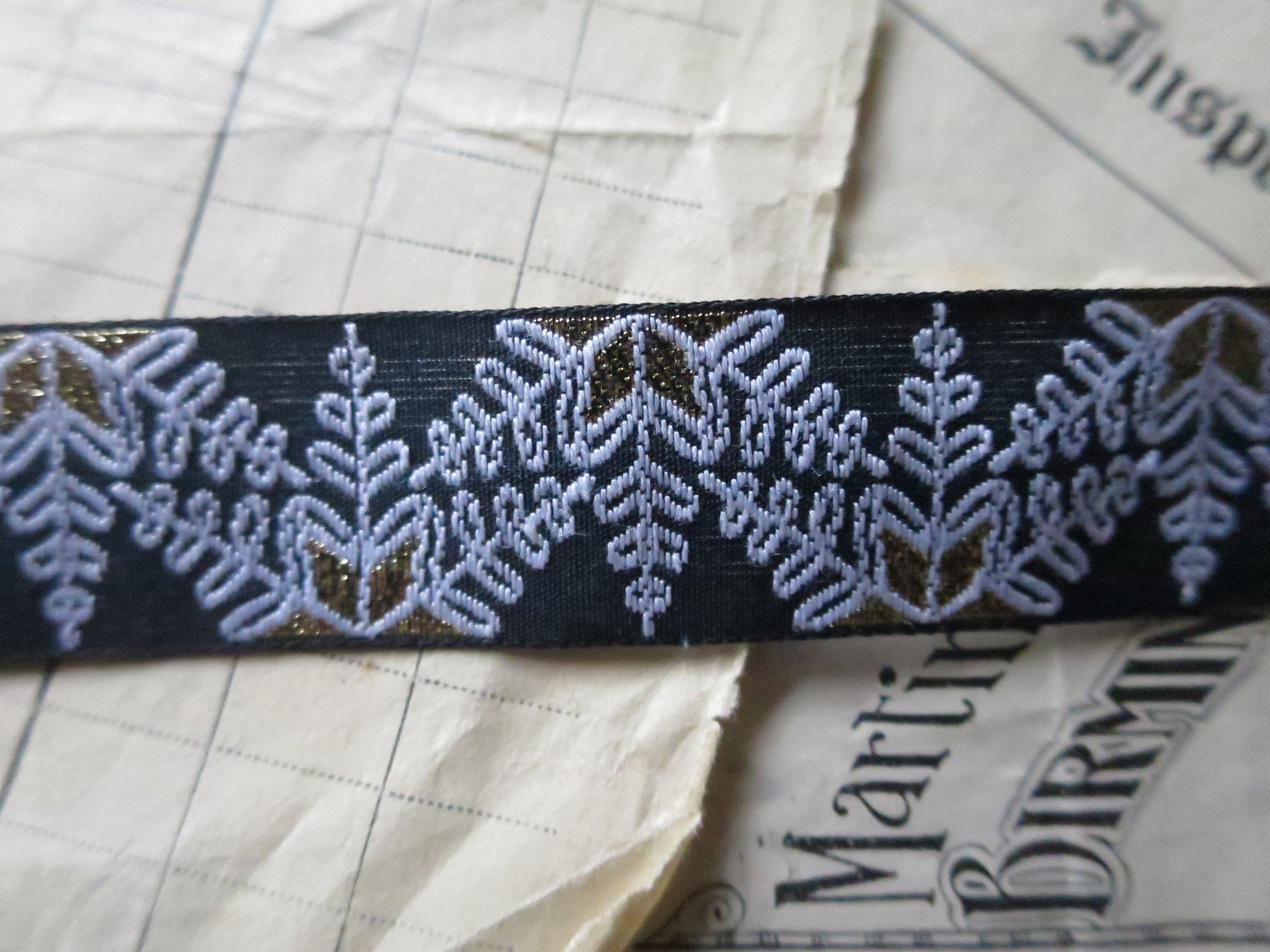 Snowflakes 20 mm Jacquard Woven Ribbon- Dark Teal, White & Gold