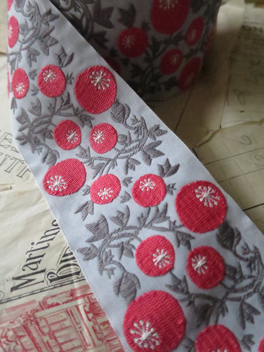 Red Berries 50 mm Jacquard Woven Ribbon- Red & Grey