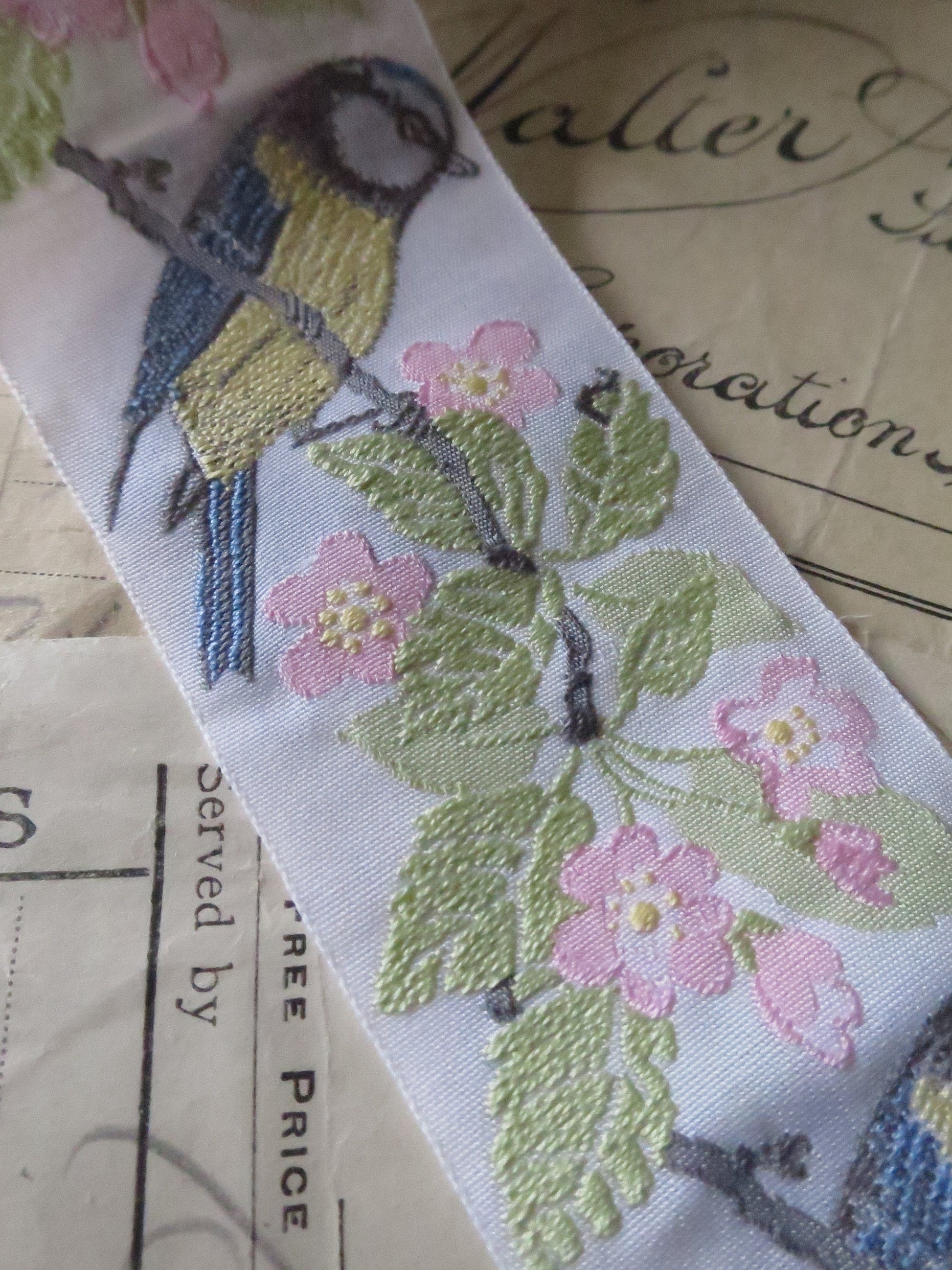 Blue Tits & Blossom 40 mm Jacquard Woven Ribbon- White