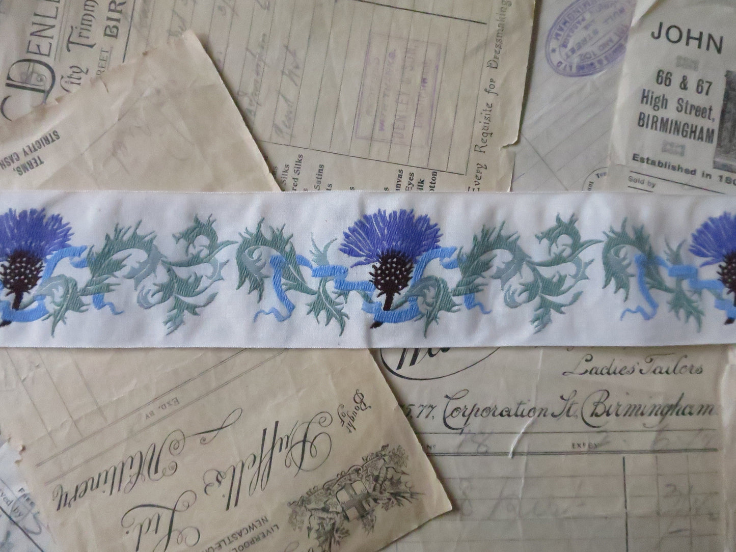 Scottish Thistles 50 mm Jacquard Woven Ribbon- White