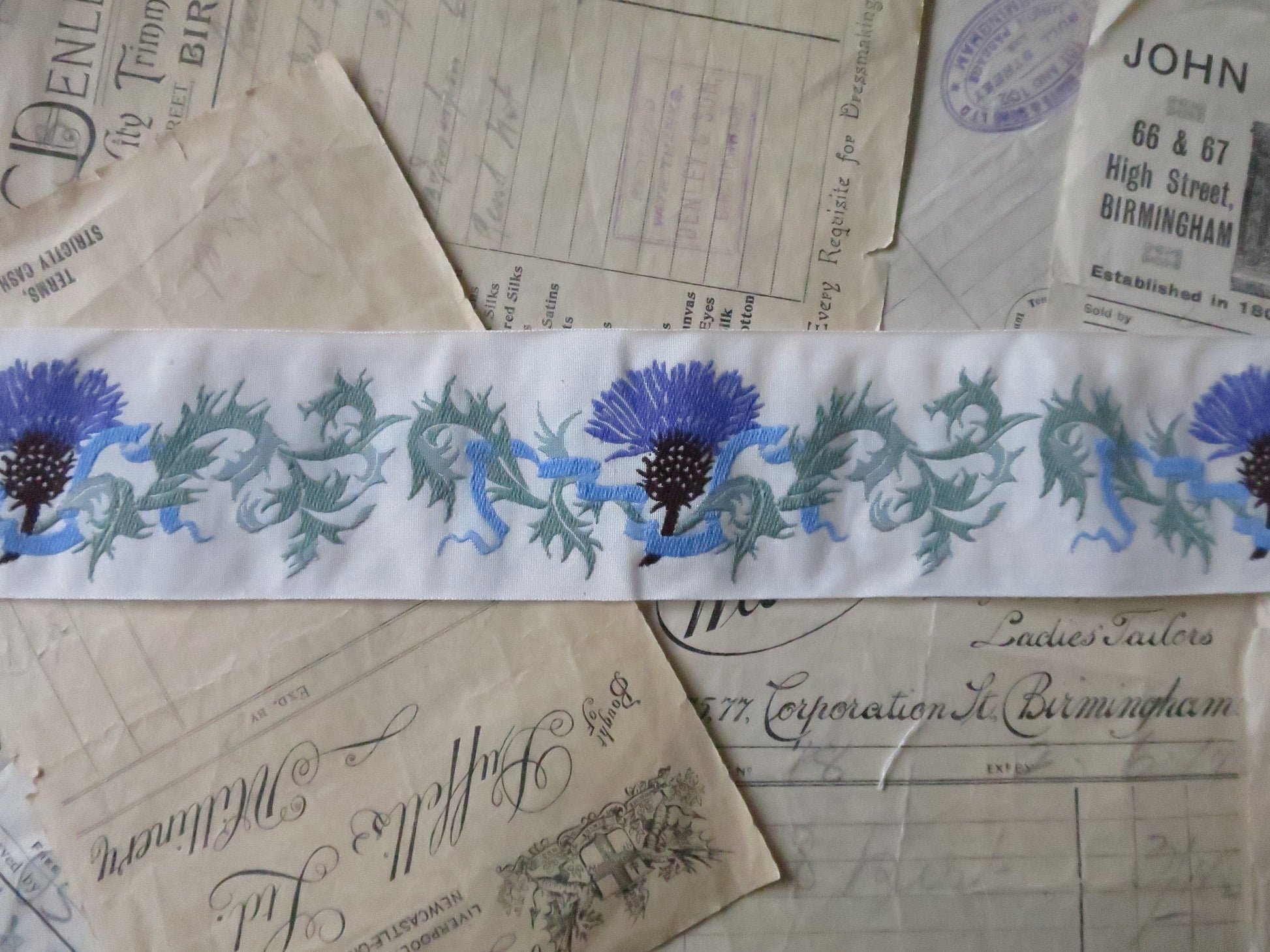 Scottish Thistles 50 mm Jacquard Woven Ribbon- White