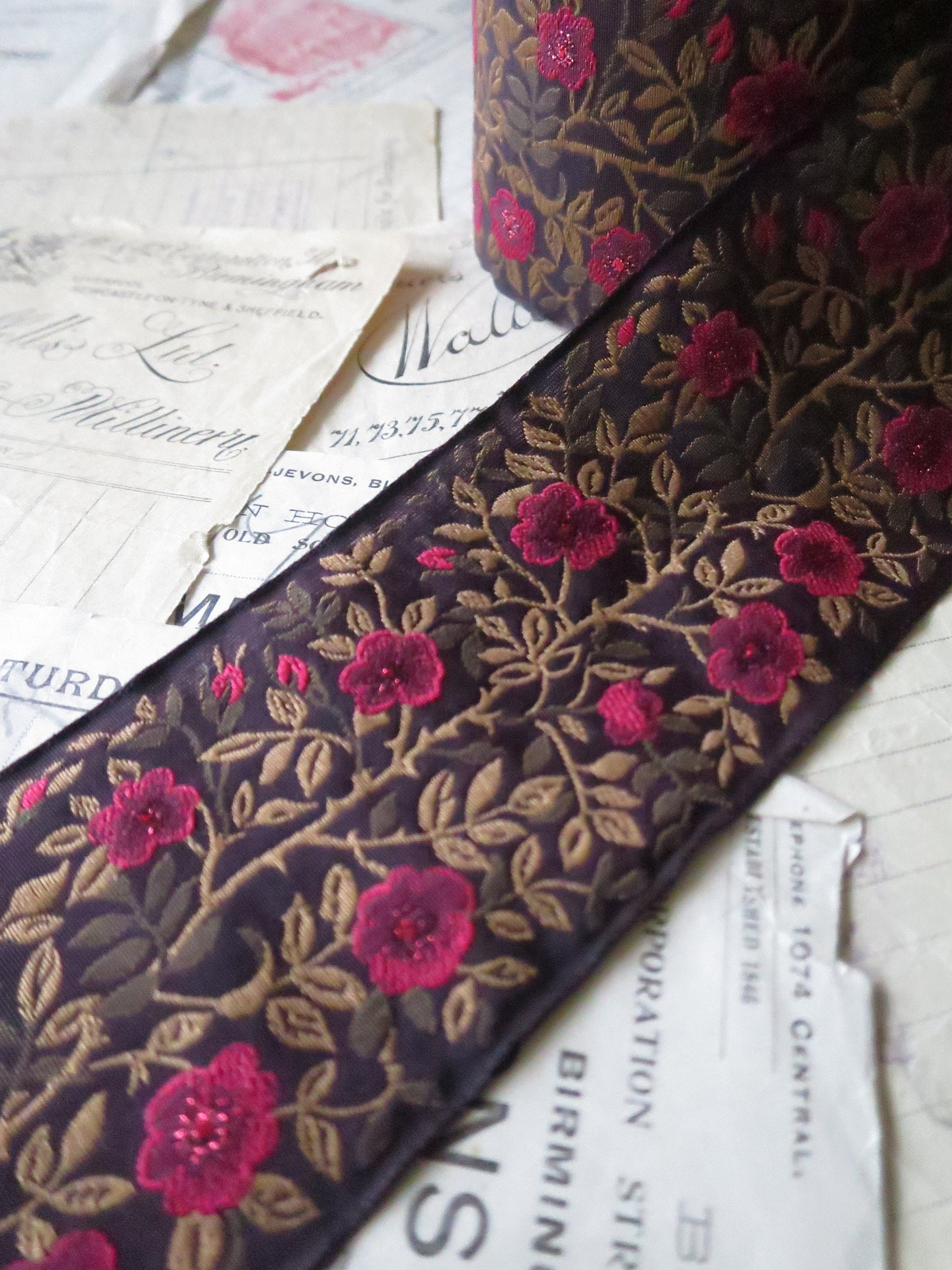 Jacobean Roses 60 mm Jacquard Woven Ribbon= Sparkly Red Roses