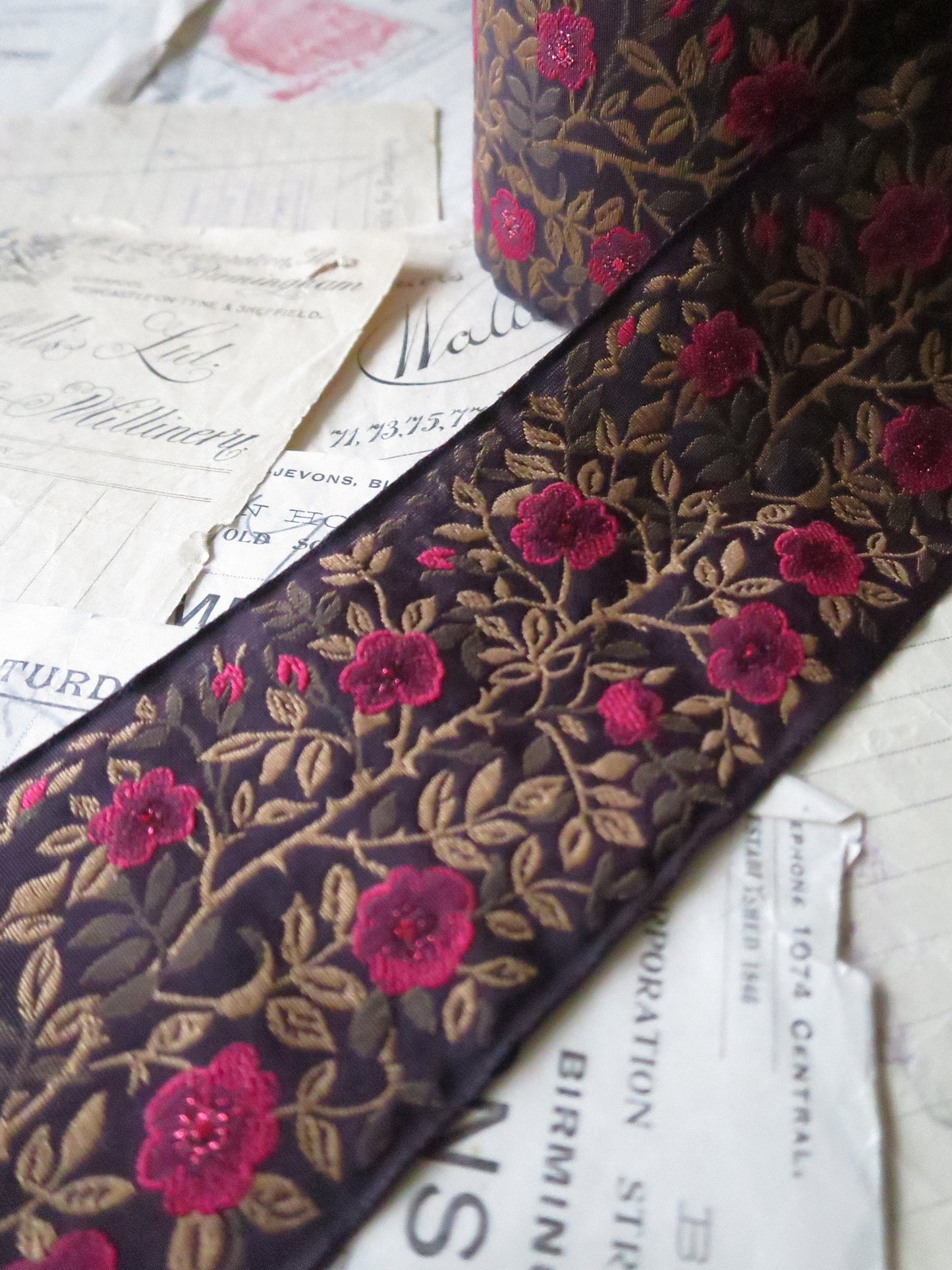 Jacobean Roses 60 mm Jacquard Woven Ribbon= Sparkly Red Roses