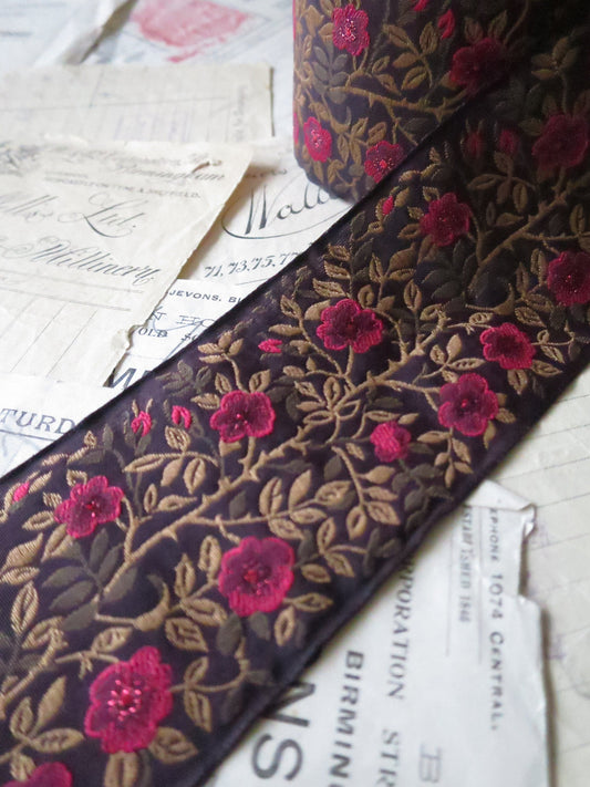 Jacobean Roses 60 mm Jacquard Woven Ribbon= Sparkly Red Roses