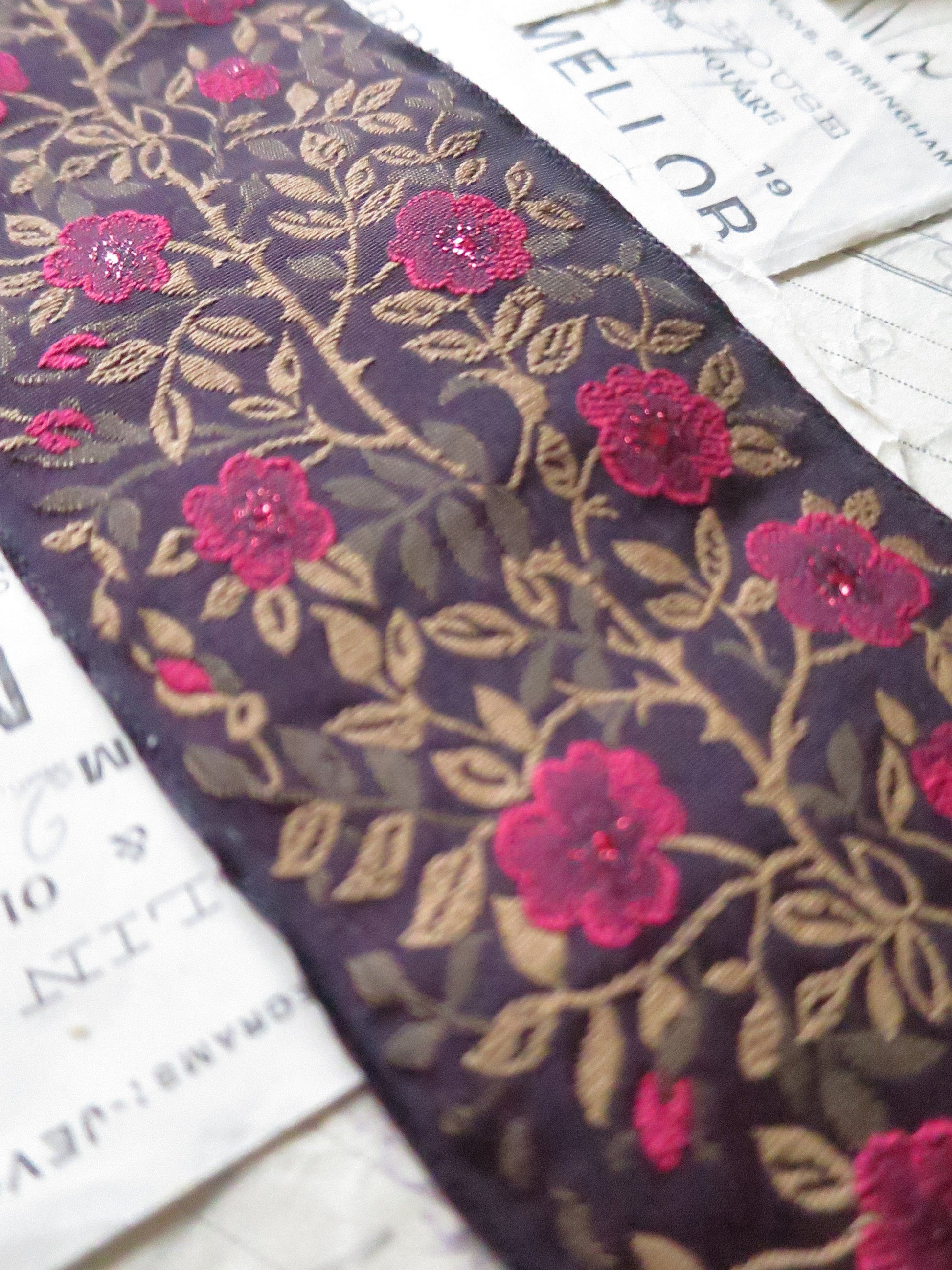 Jacobean Roses 60 mm Jacquard Woven Ribbon= Sparkly Red Roses