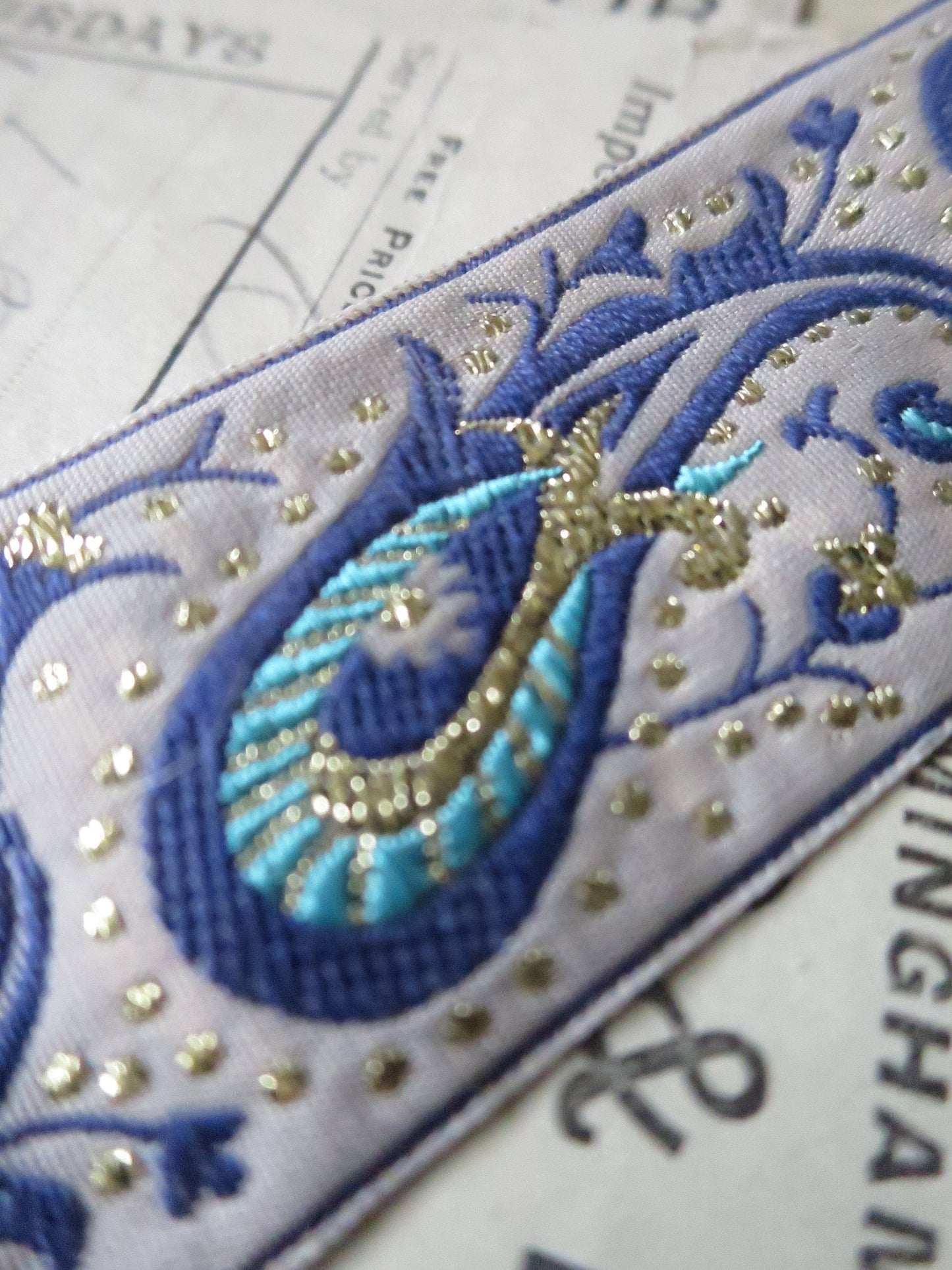 Remnants Paisley 32 mm Jacquard Woven Ribbon- Blue & Gold