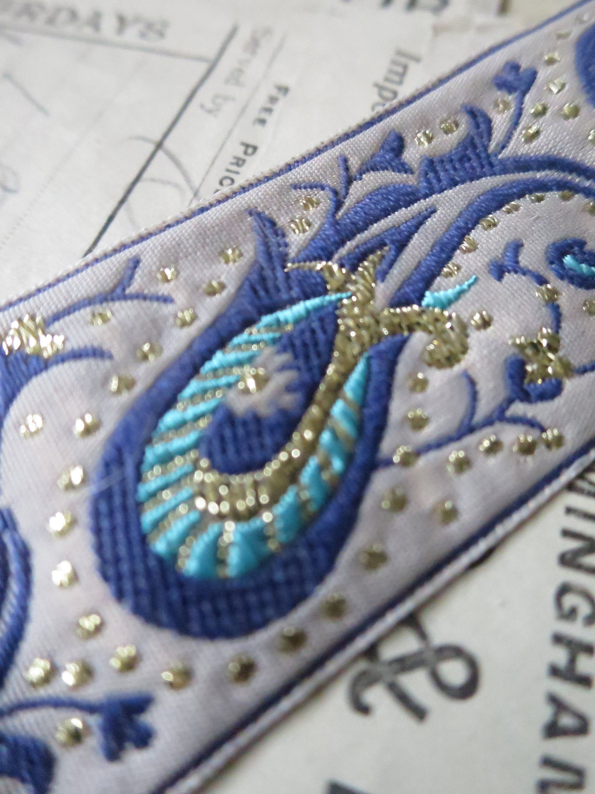 Remnants Paisley 32 mm Jacquard Woven Ribbon- Blue & Gold