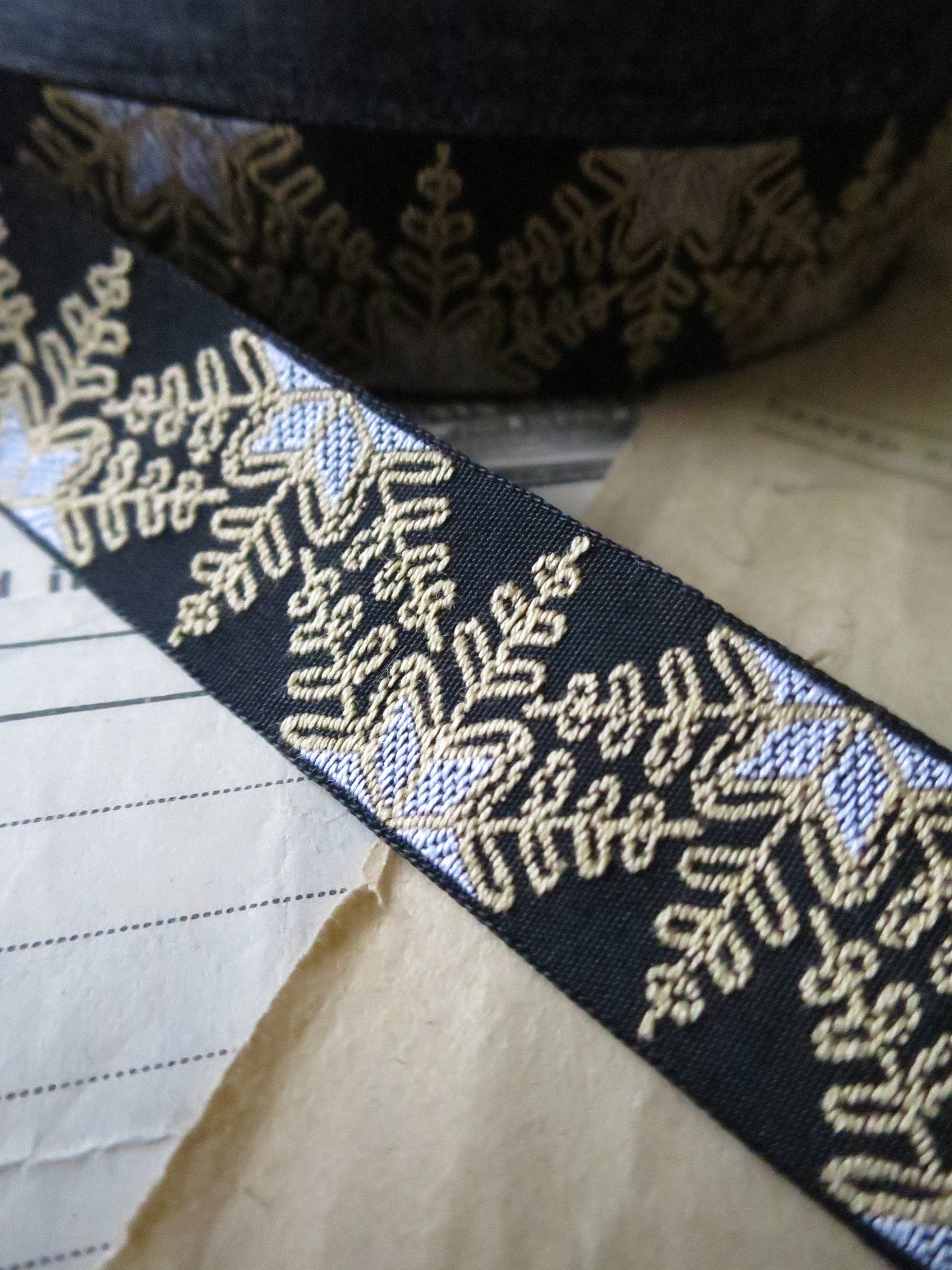 Snowflakes 20 mm Jacquard Woven Ribbon- Black, Gold & Silver