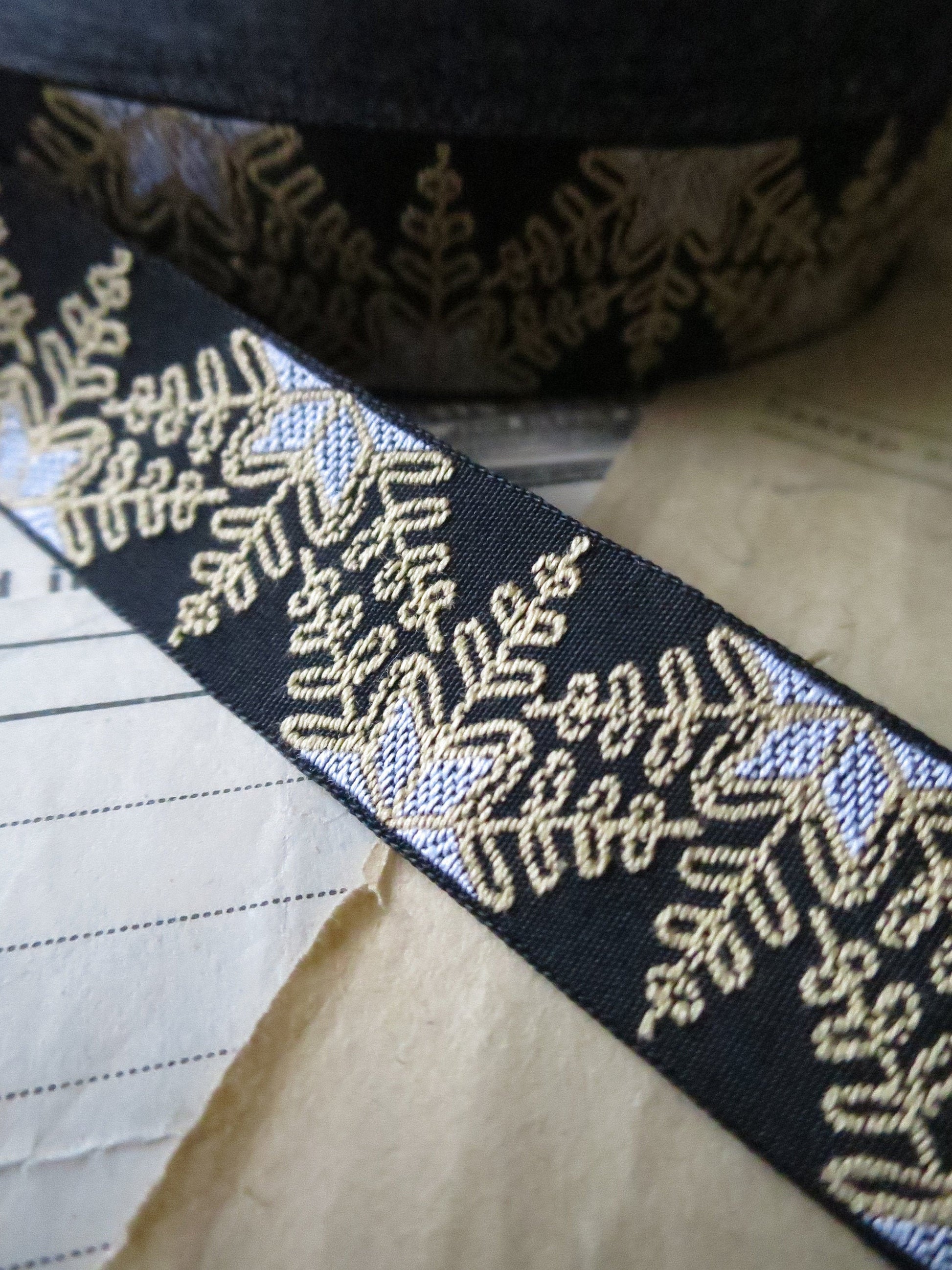 Snowflakes 20 mm Jacquard Woven Ribbon- Black, Gold & Silver