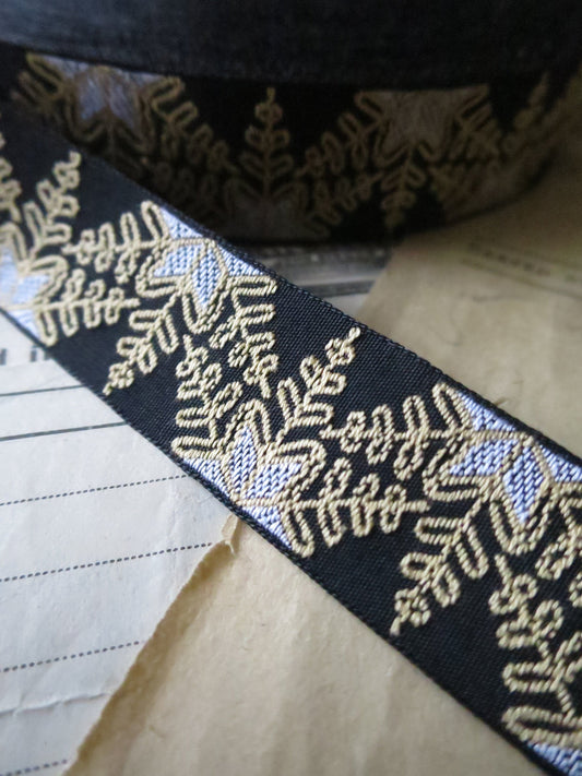 Snowflakes 20 mm Jacquard Woven Ribbon- Black, Gold & Silver