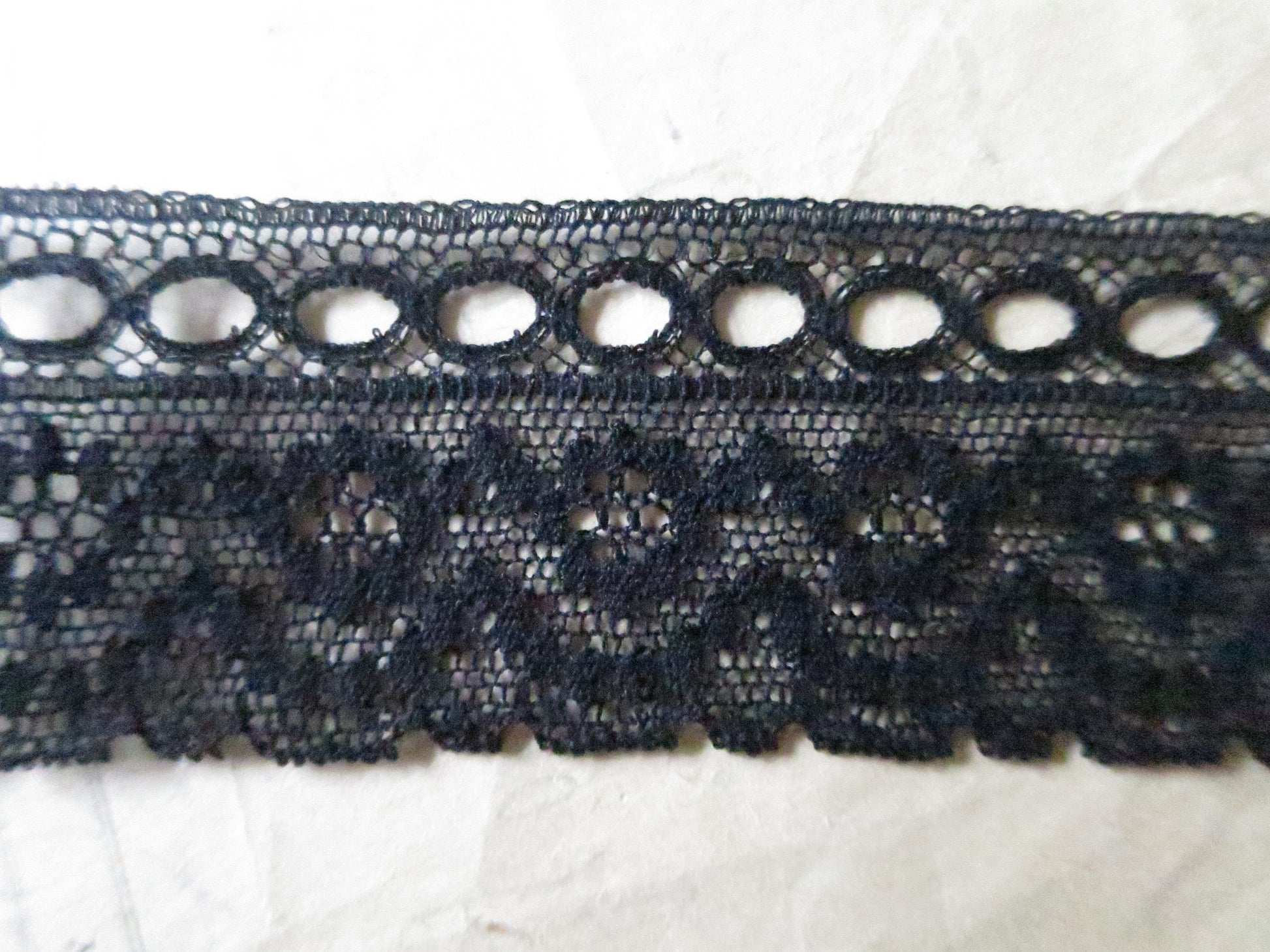 Black English Nottingham Lace- Diamond Spots- Eyelet Lace- 3.7 cm