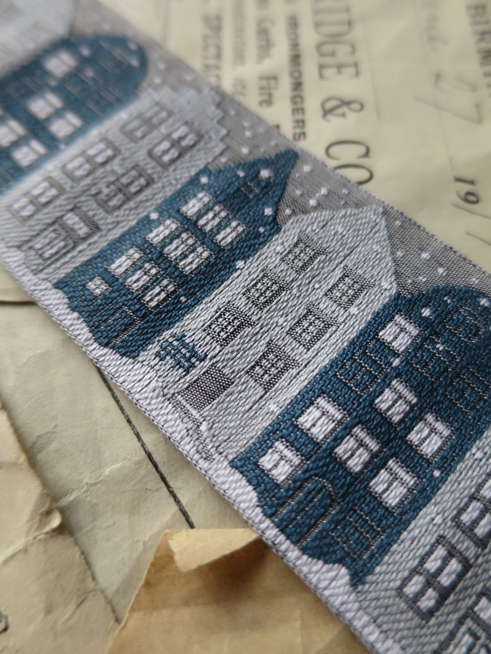 Christmas Houses 40 mm Jacquard Woven Ribbon- Grey, Teal & White
