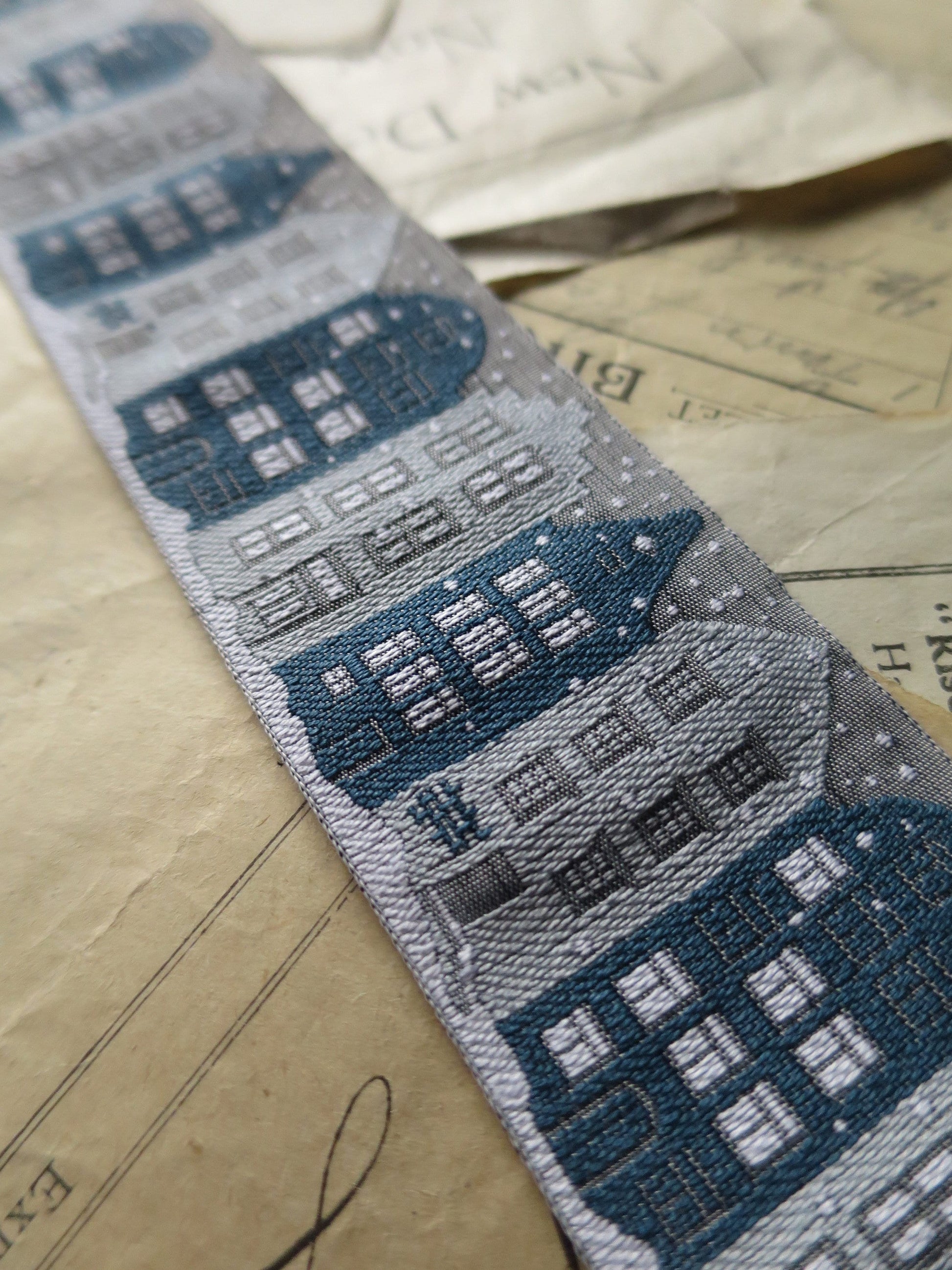 Christmas Houses 40 mm Jacquard Woven Ribbon- Grey, Teal & White