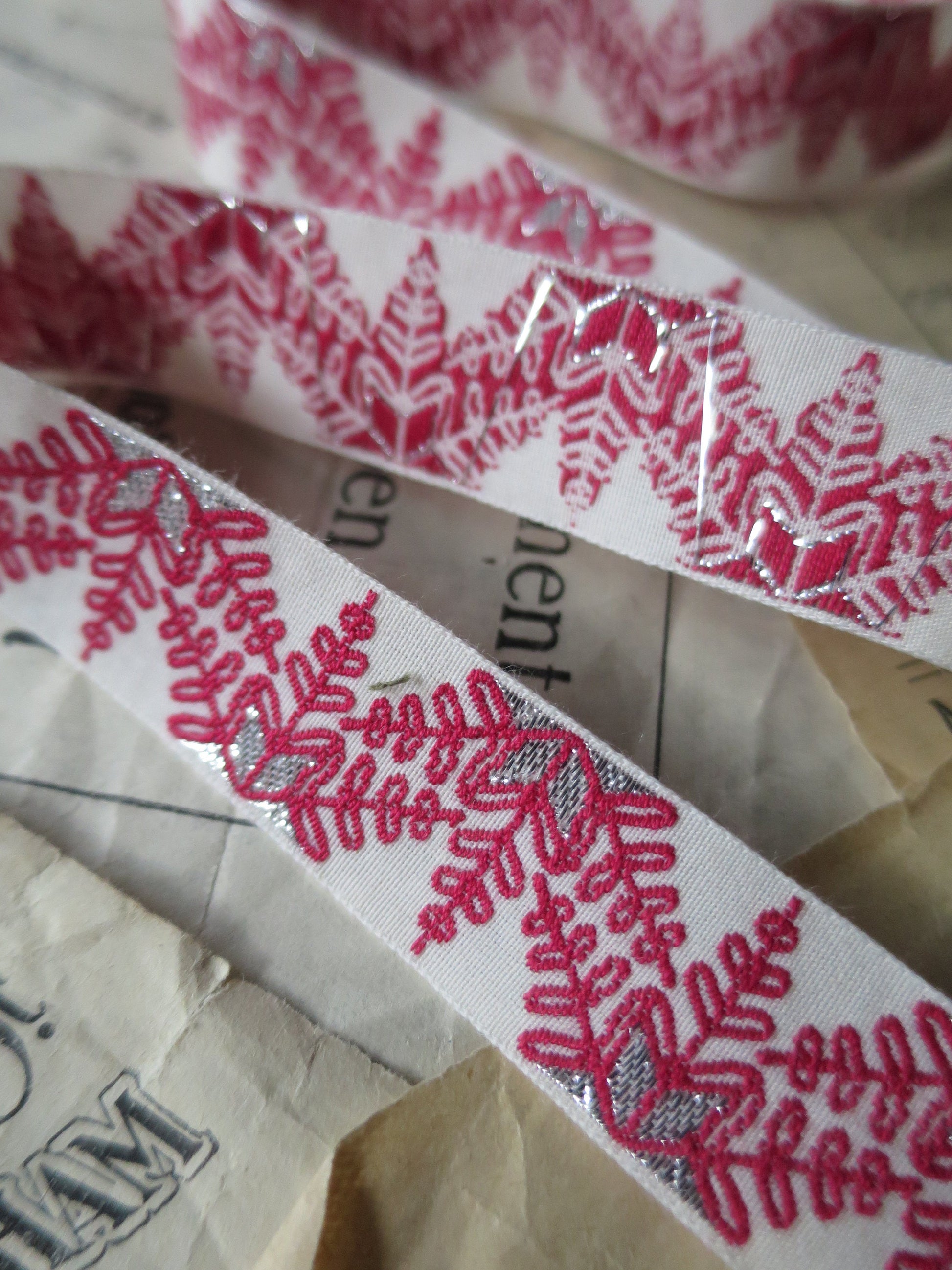 Snowflakes 20 mm Jacquard Woven Ribbon- Red Silver & Ecru